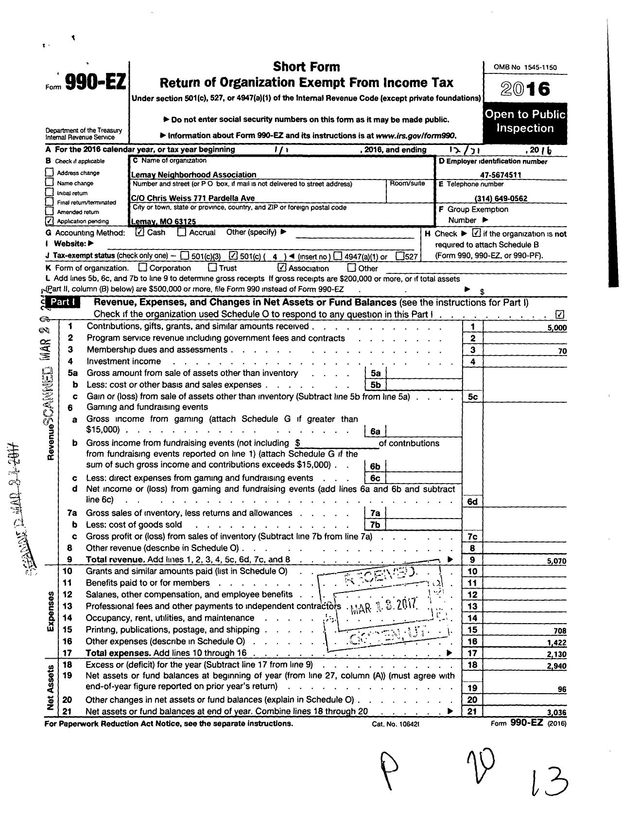 Image of first page of 2016 Form 990EO for Lemay Neighborhood Association