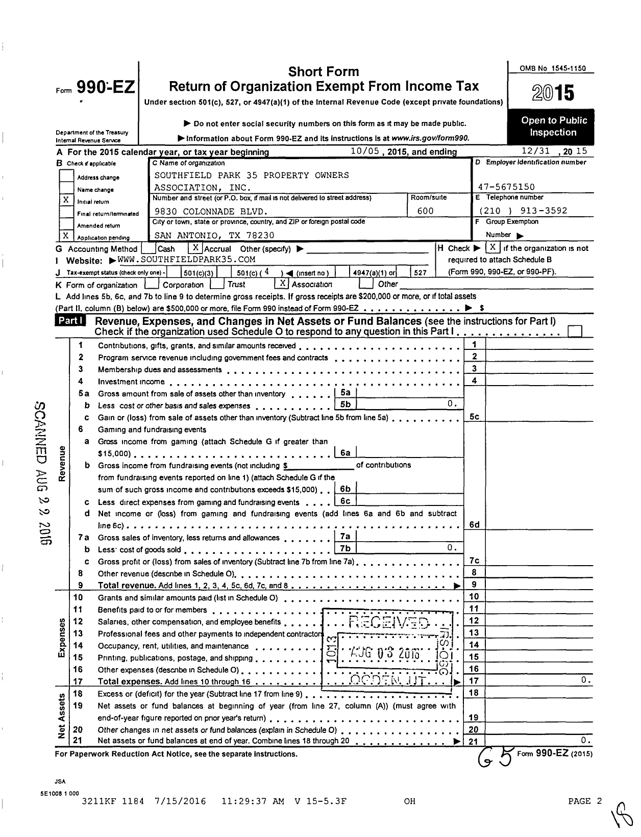 Image of first page of 2015 Form 990EO for Southfield Park 35 Property Owners Association