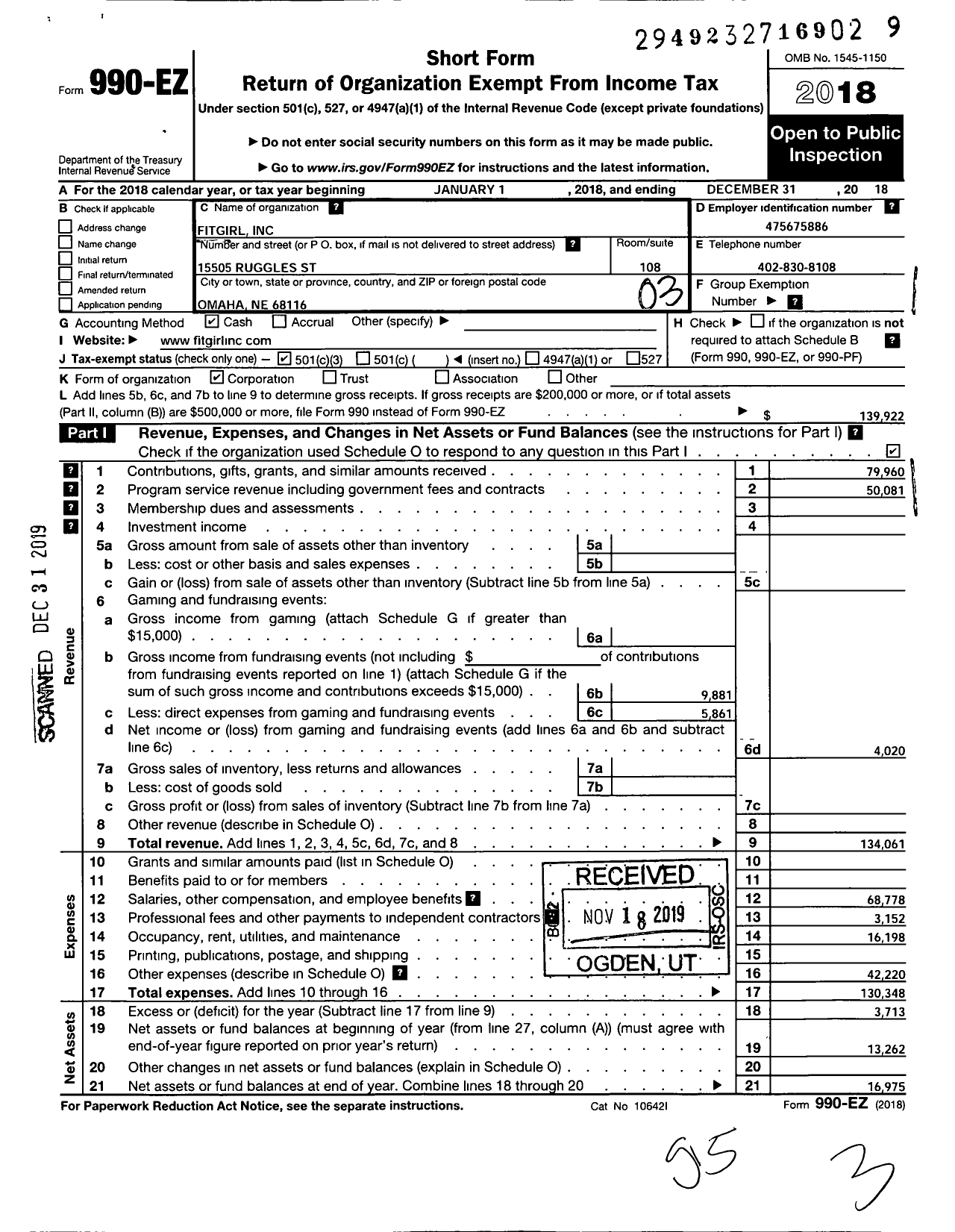 Image of first page of 2018 Form 990EZ for FITGirl