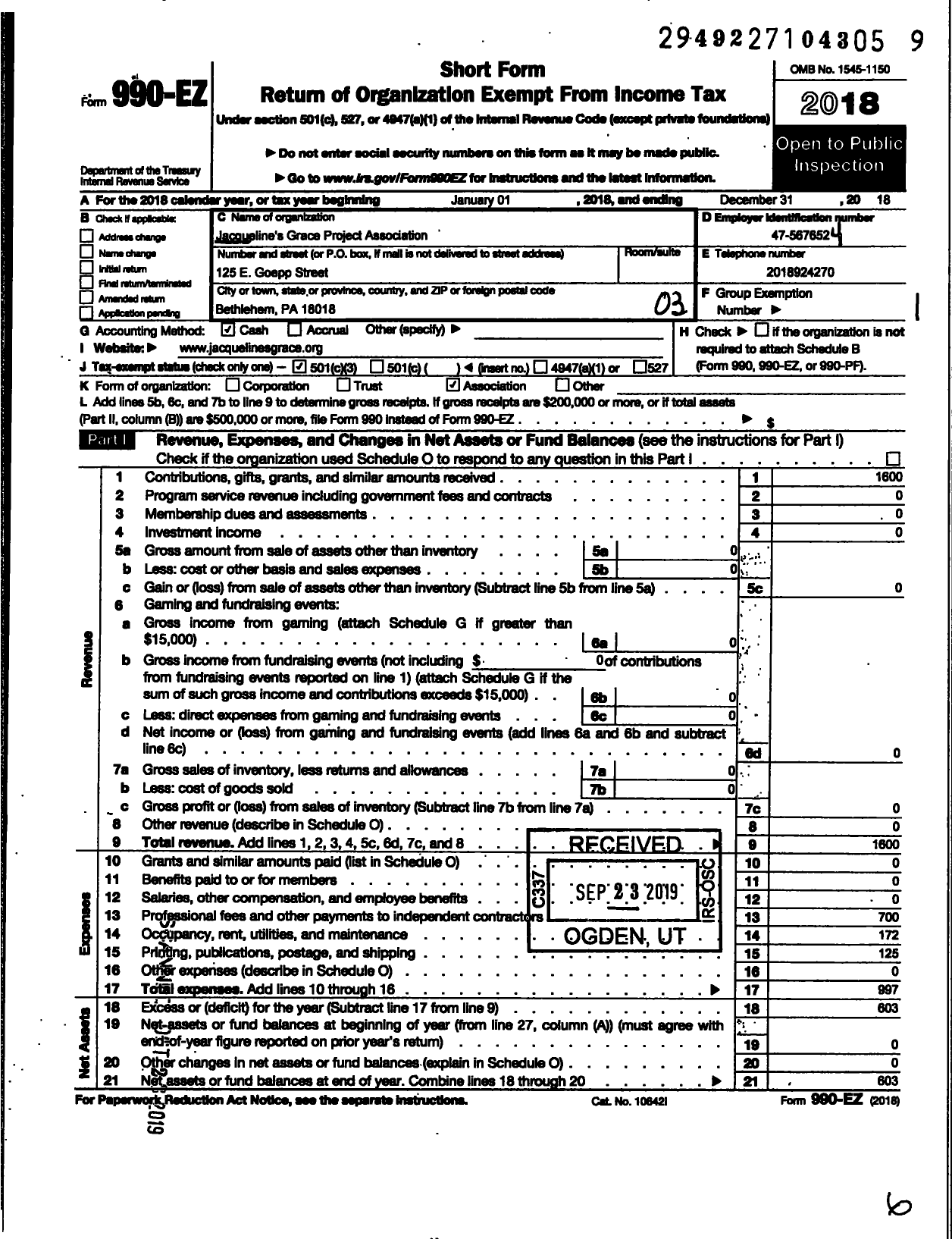 Image of first page of 2018 Form 990EZ for Jacquelines Grace Project Association