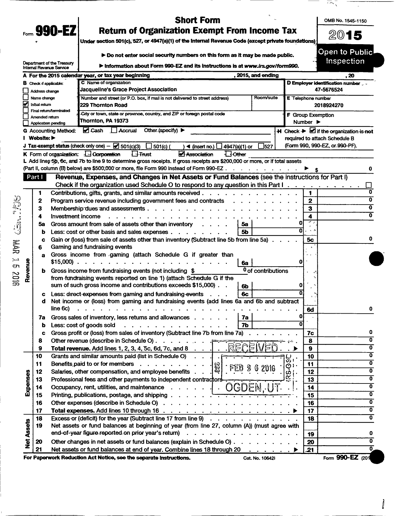 Image of first page of 2015 Form 990EZ for Jacquelines Grace Project Association