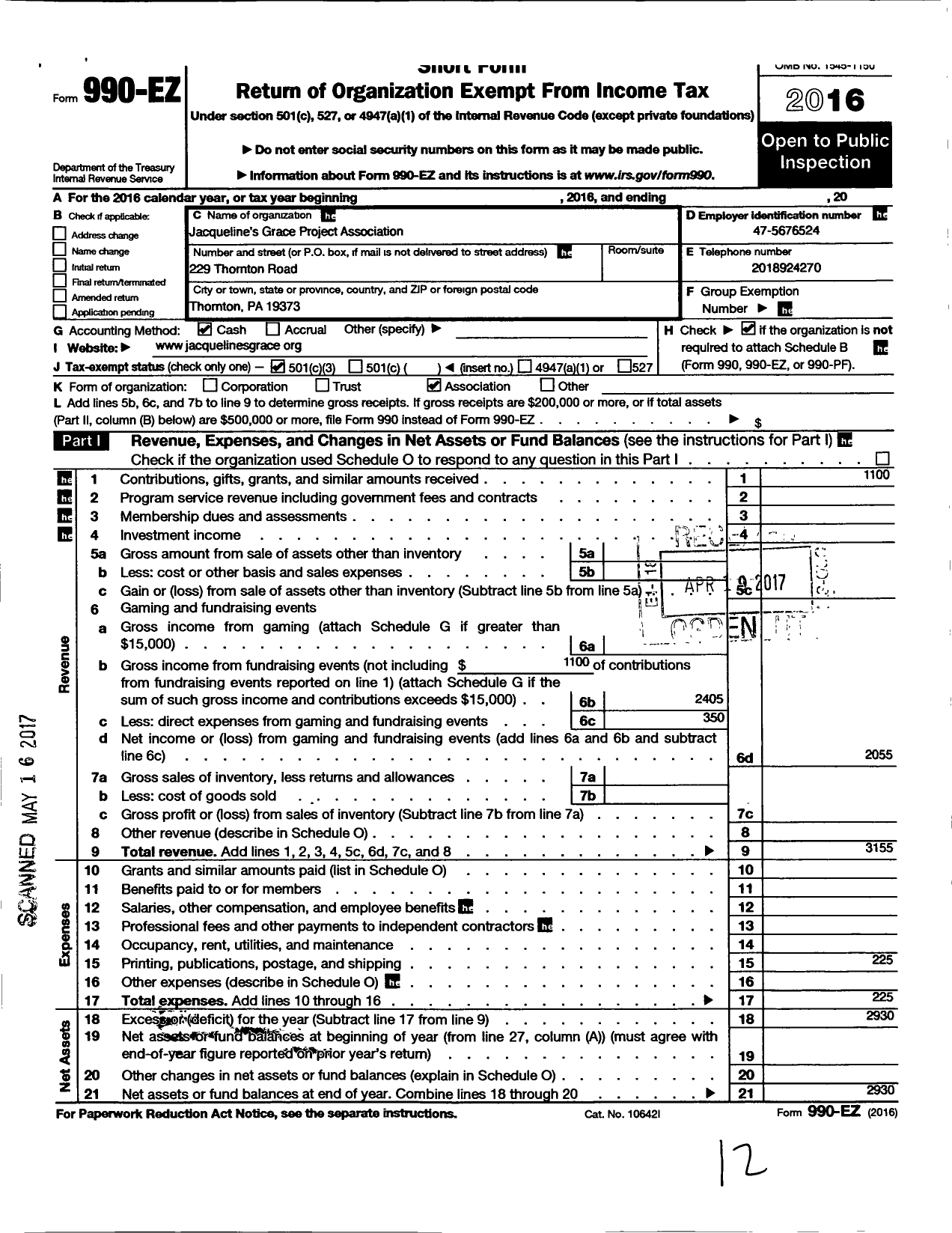 Image of first page of 2016 Form 990EZ for Jacquelines Grace Project Association