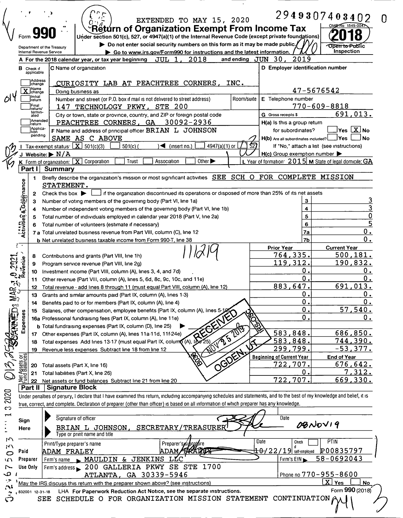 Image of first page of 2018 Form 990 for Curiosity Lab at Peachtree Corners