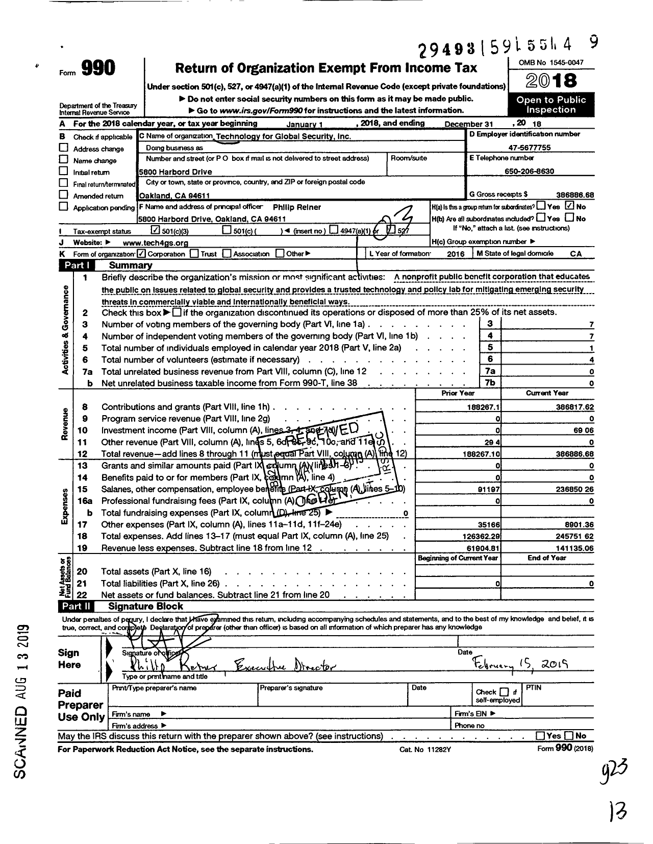 Image of first page of 2018 Form 990 for Institute for Security and Technology