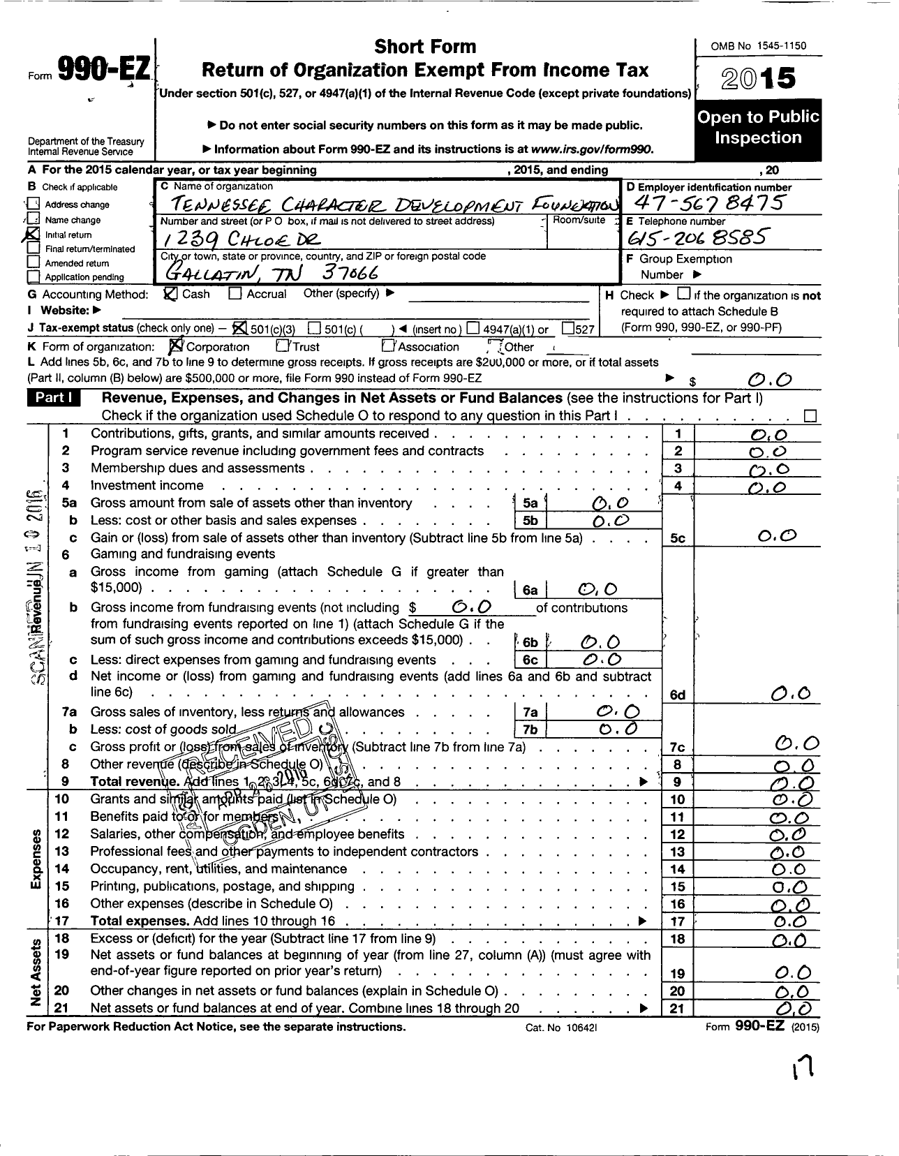 Image of first page of 2015 Form 990EZ for Tennessee Character Development Foundation