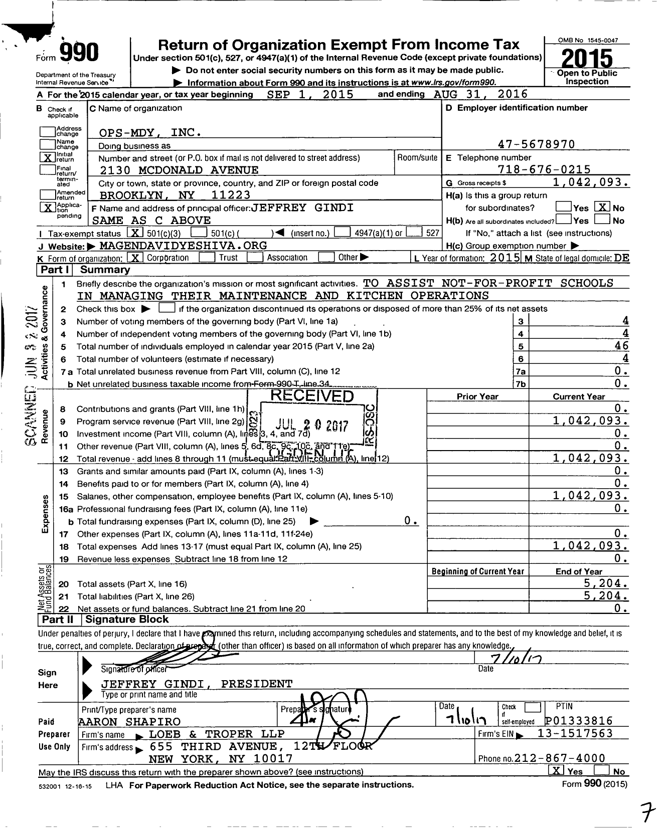 Image of first page of 2015 Form 990 for Ops-Mdy