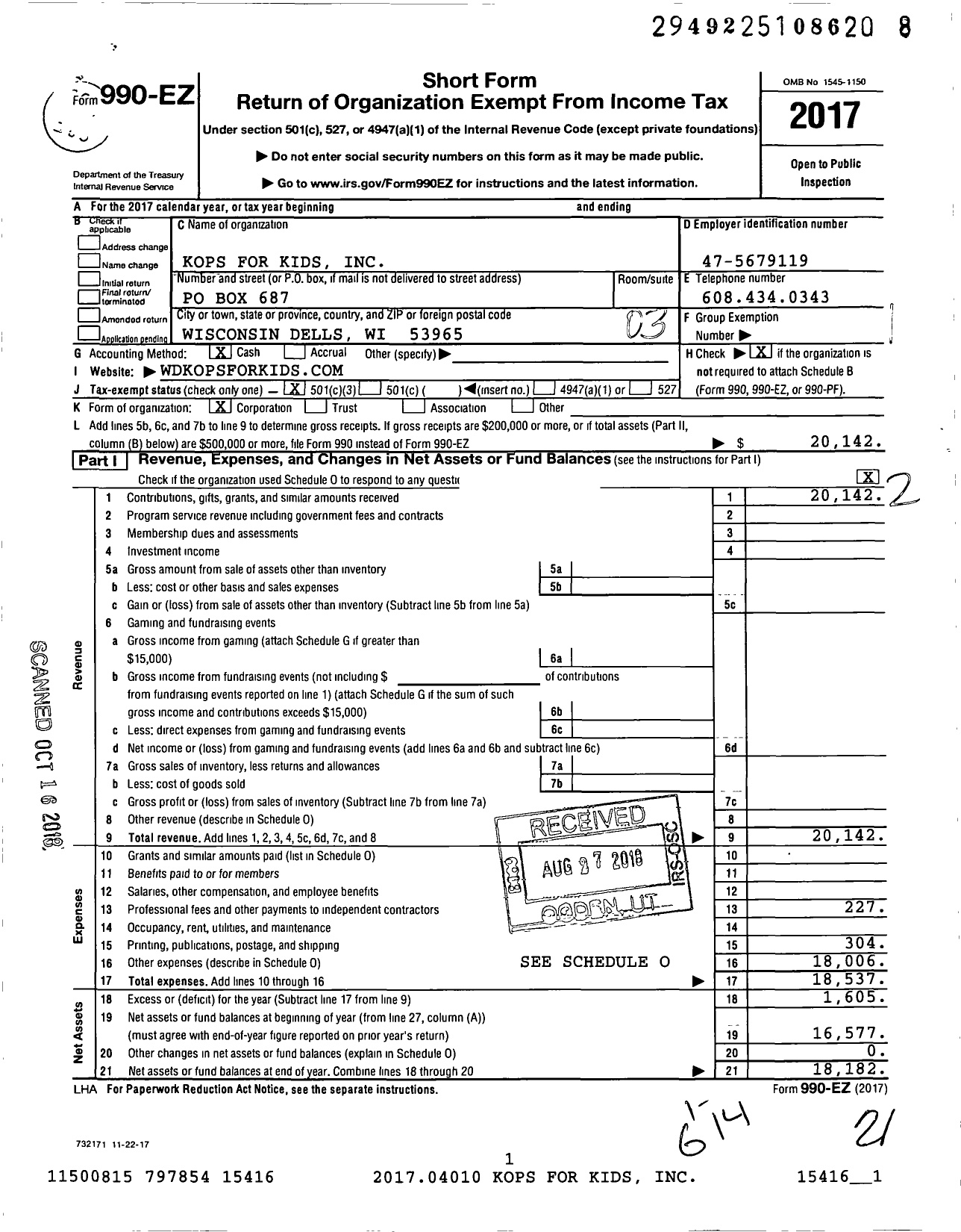 Image of first page of 2017 Form 990EZ for Kops for Kids