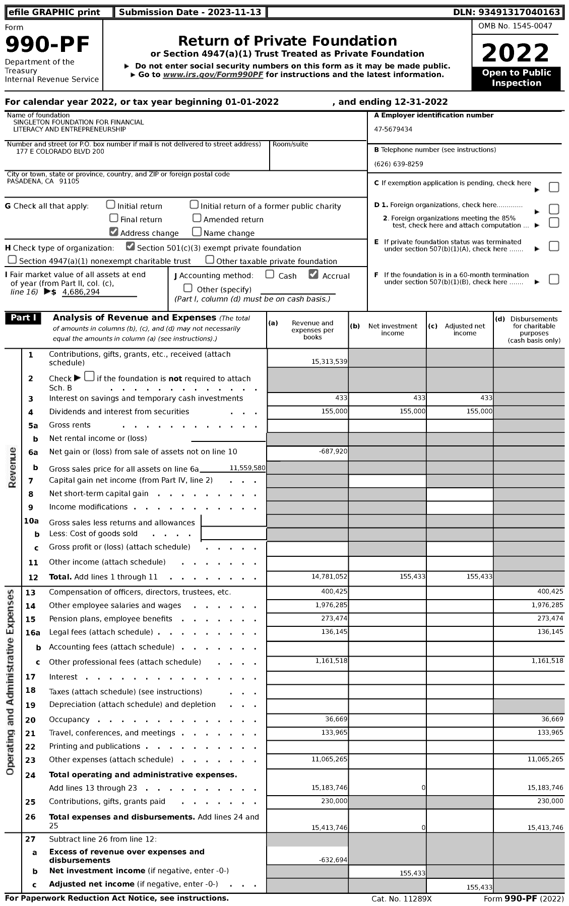 Image of first page of 2022 Form 990PF for Singleton Foundation for Financial Literacy and Entrepreneurship