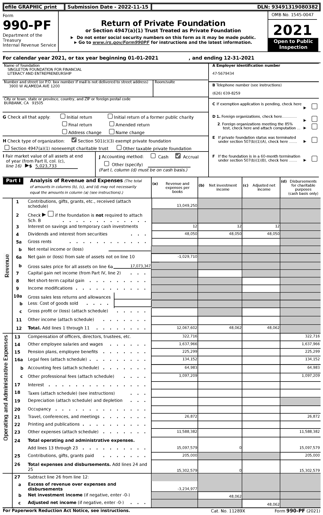 Image of first page of 2021 Form 990PF for Singleton Foundation for Financial Literacy and Entrepreneurship