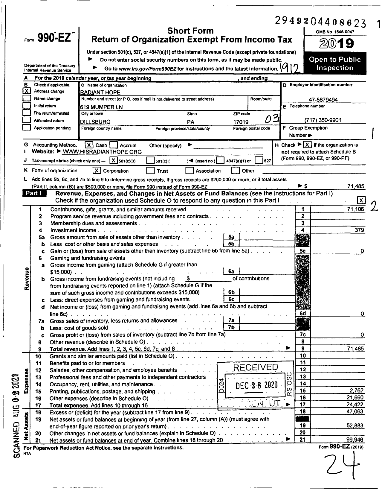 Image of first page of 2019 Form 990EZ for Radiant Hope