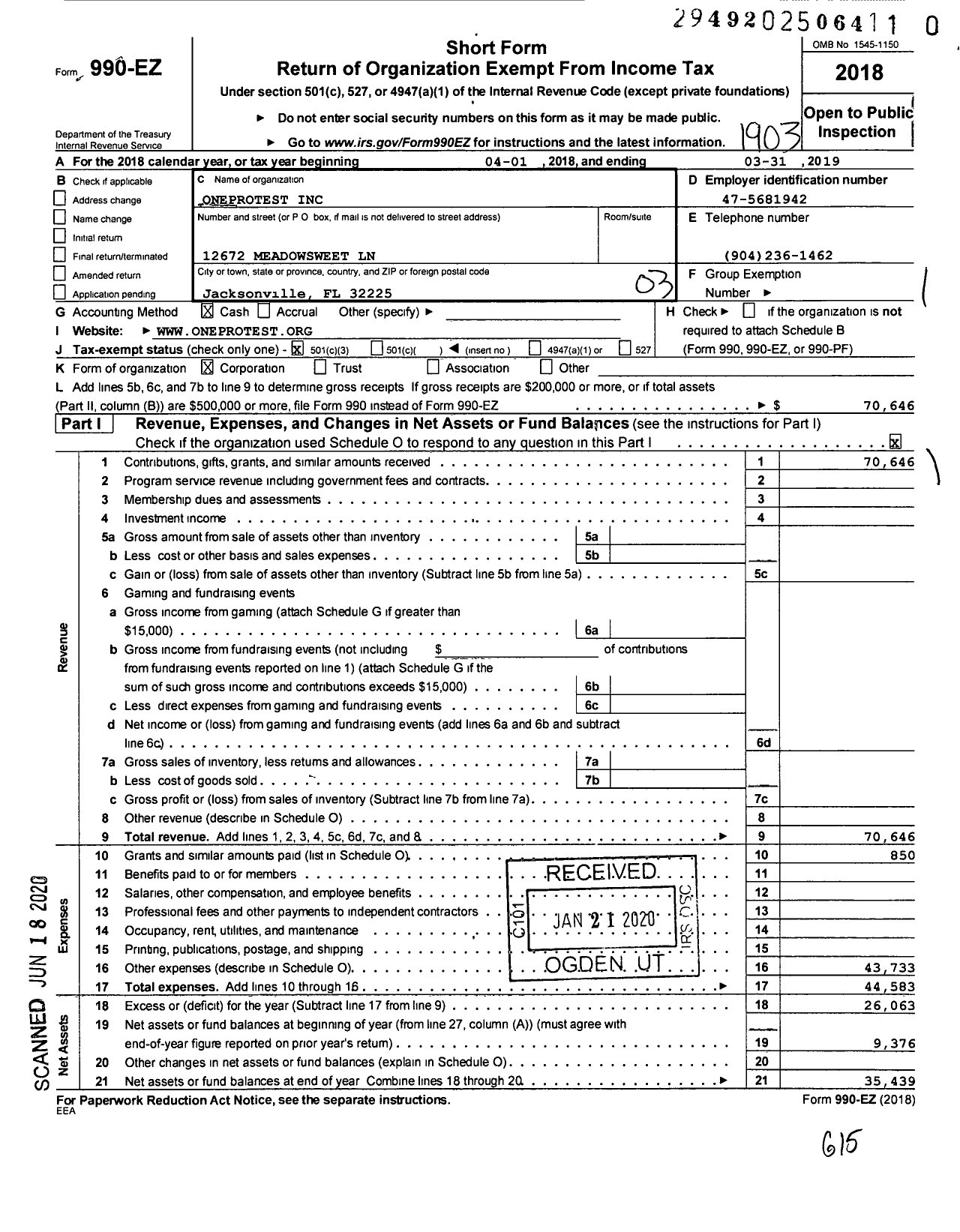 Image of first page of 2018 Form 990EZ for Oneprotest Protest