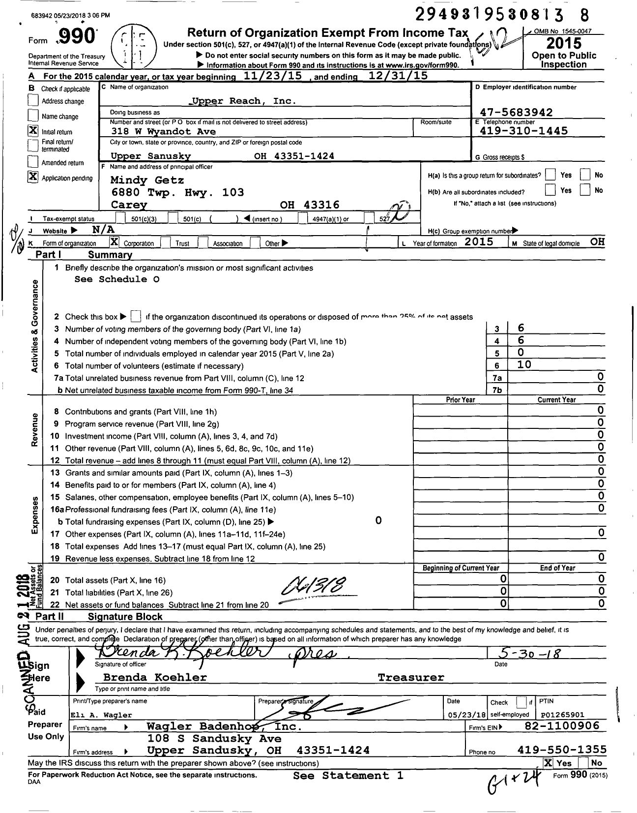 Image of first page of 2015 Form 990O for Upper Reach