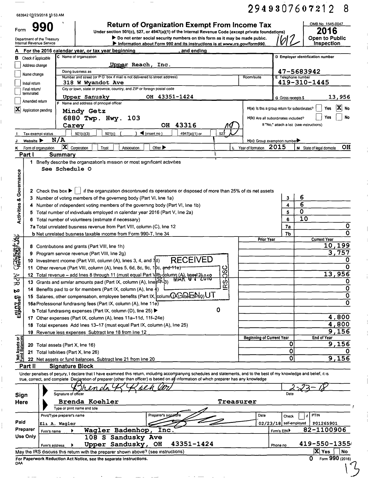 Image of first page of 2016 Form 990O for Upper Reach