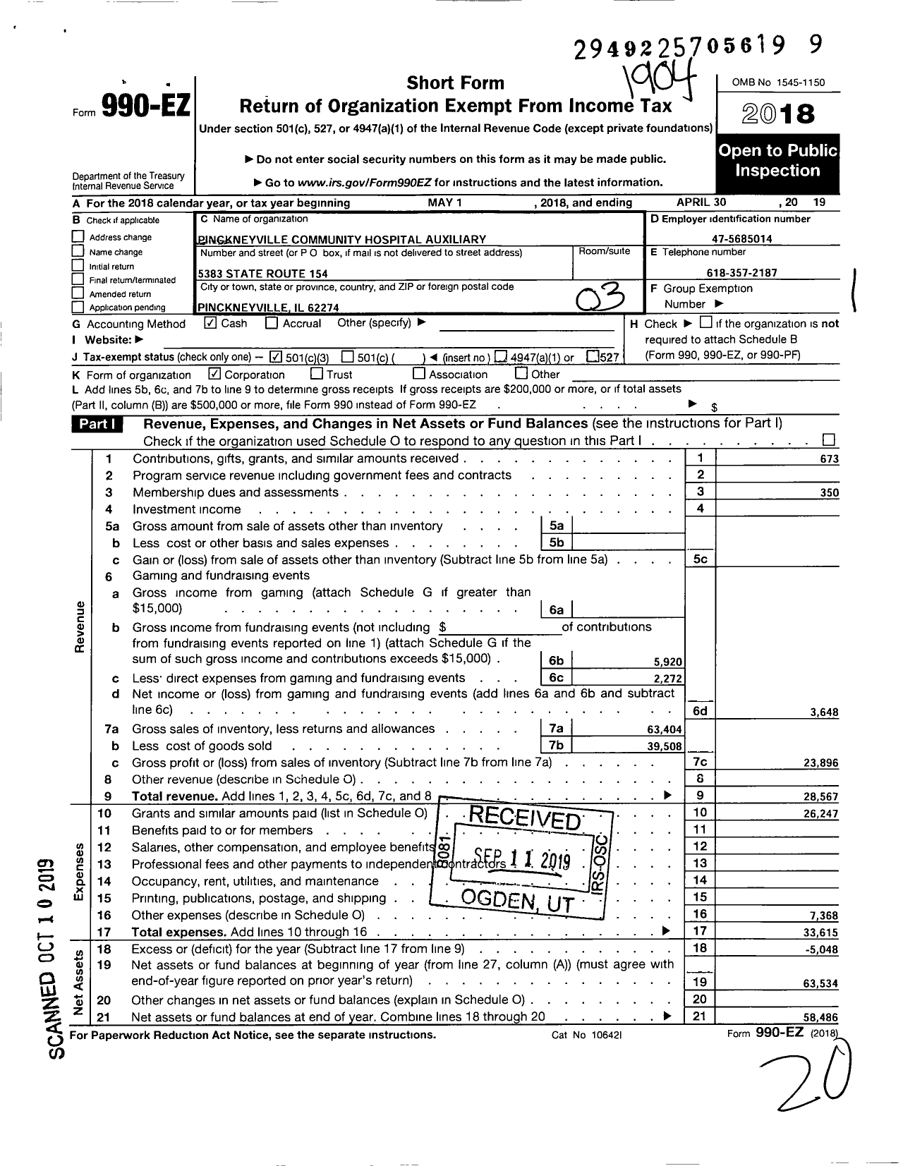 Image of first page of 2018 Form 990EZ for Pinckneyville Community Hospital Auxiliary