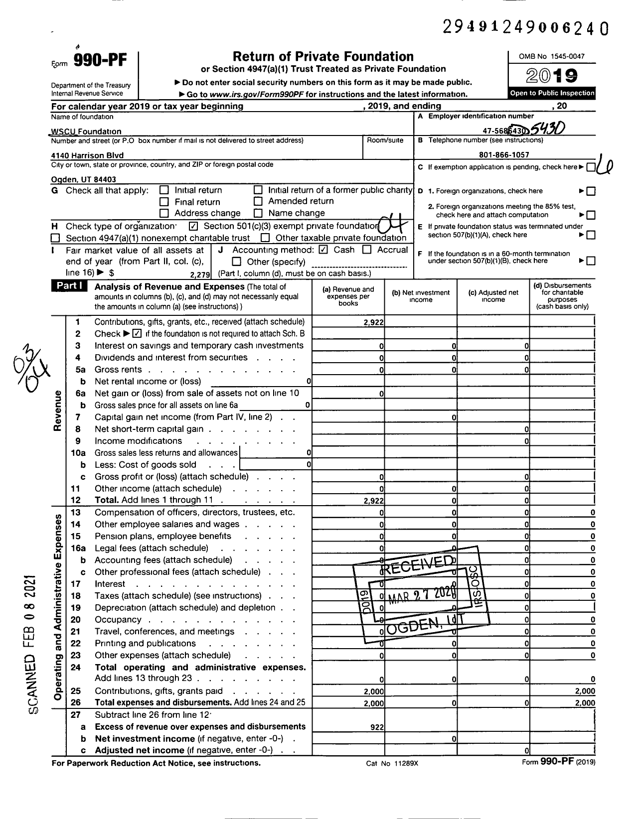 Image of first page of 2019 Form 990PF for Ascent Credit Union Foundation