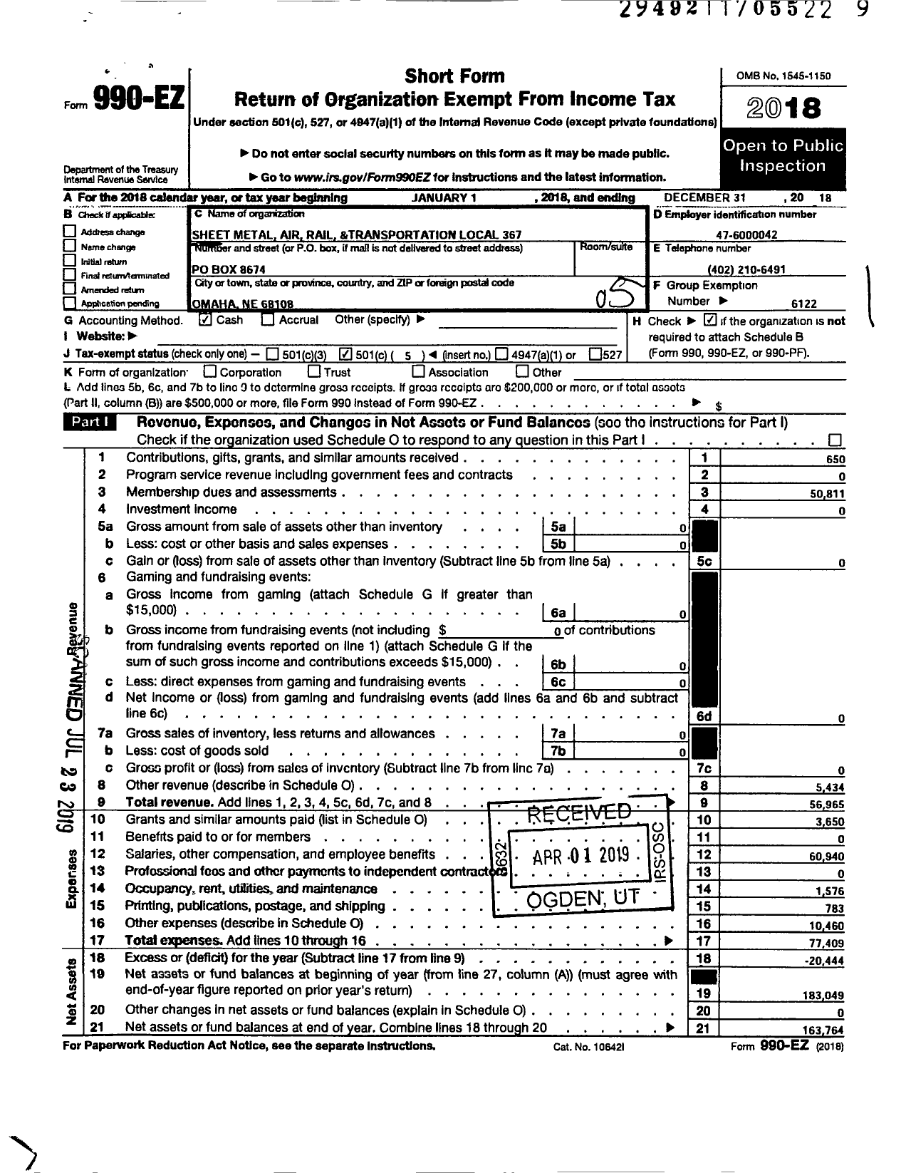 Image of first page of 2018 Form 990EO for Smart Union - 367 TD