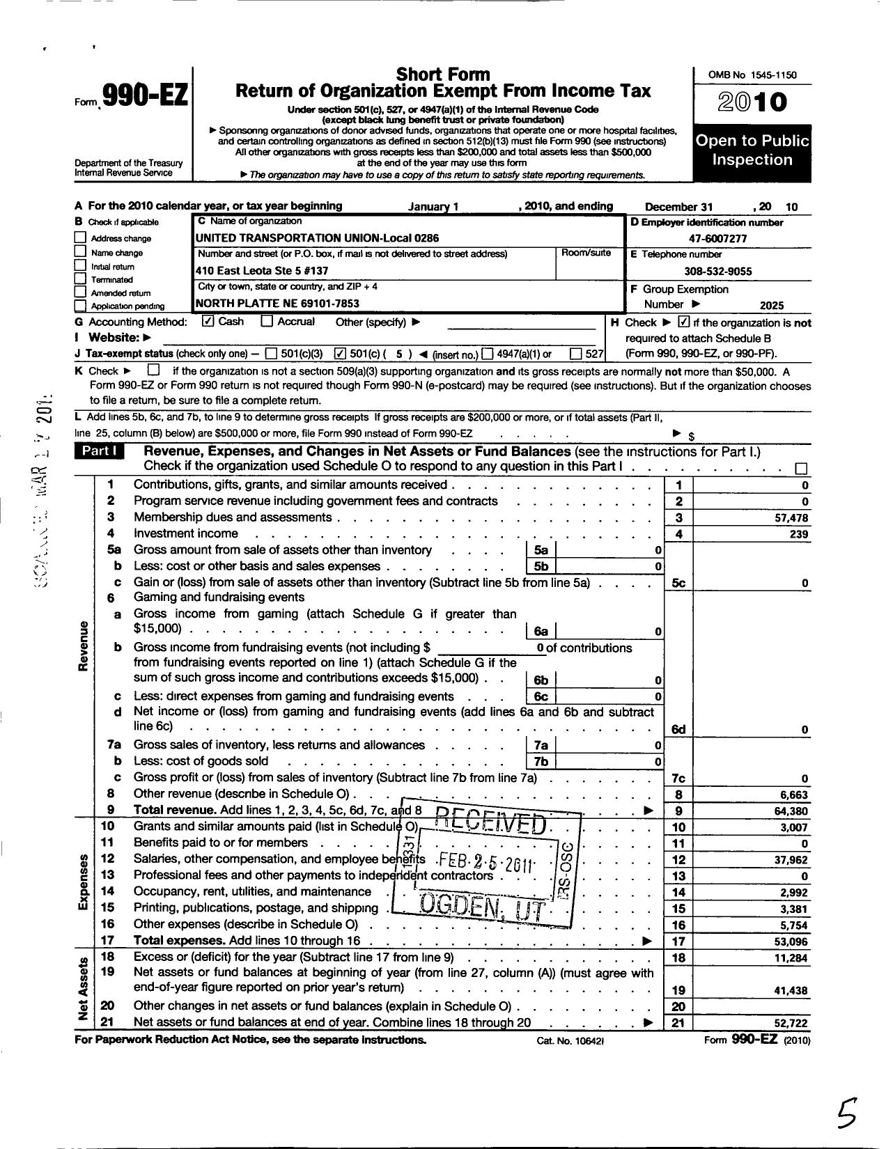 Image of first page of 2010 Form 990EO for Smart Union - 286 TD