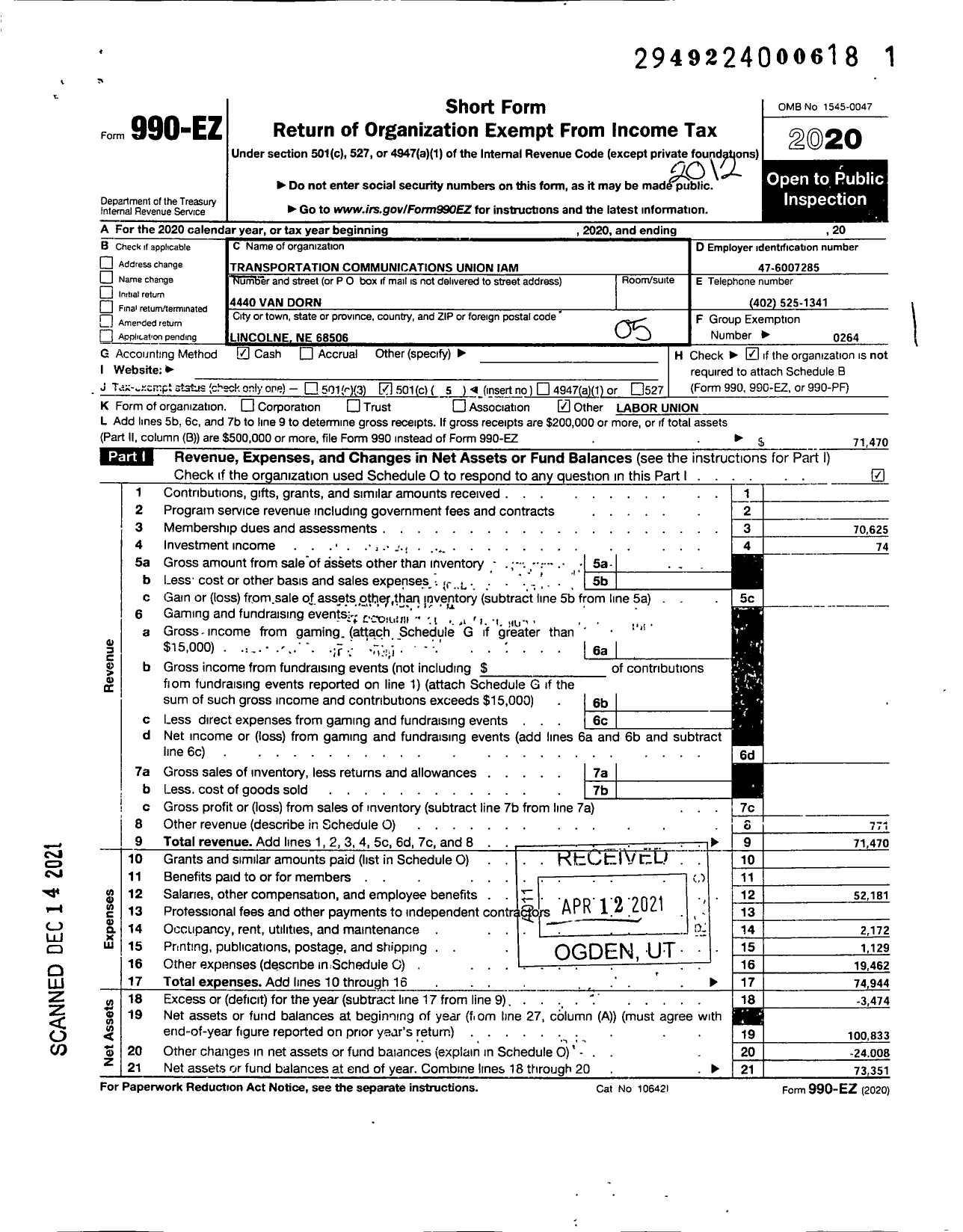 Image of first page of 2020 Form 990EO for Transportation-Communications Union / T6799 Lodge