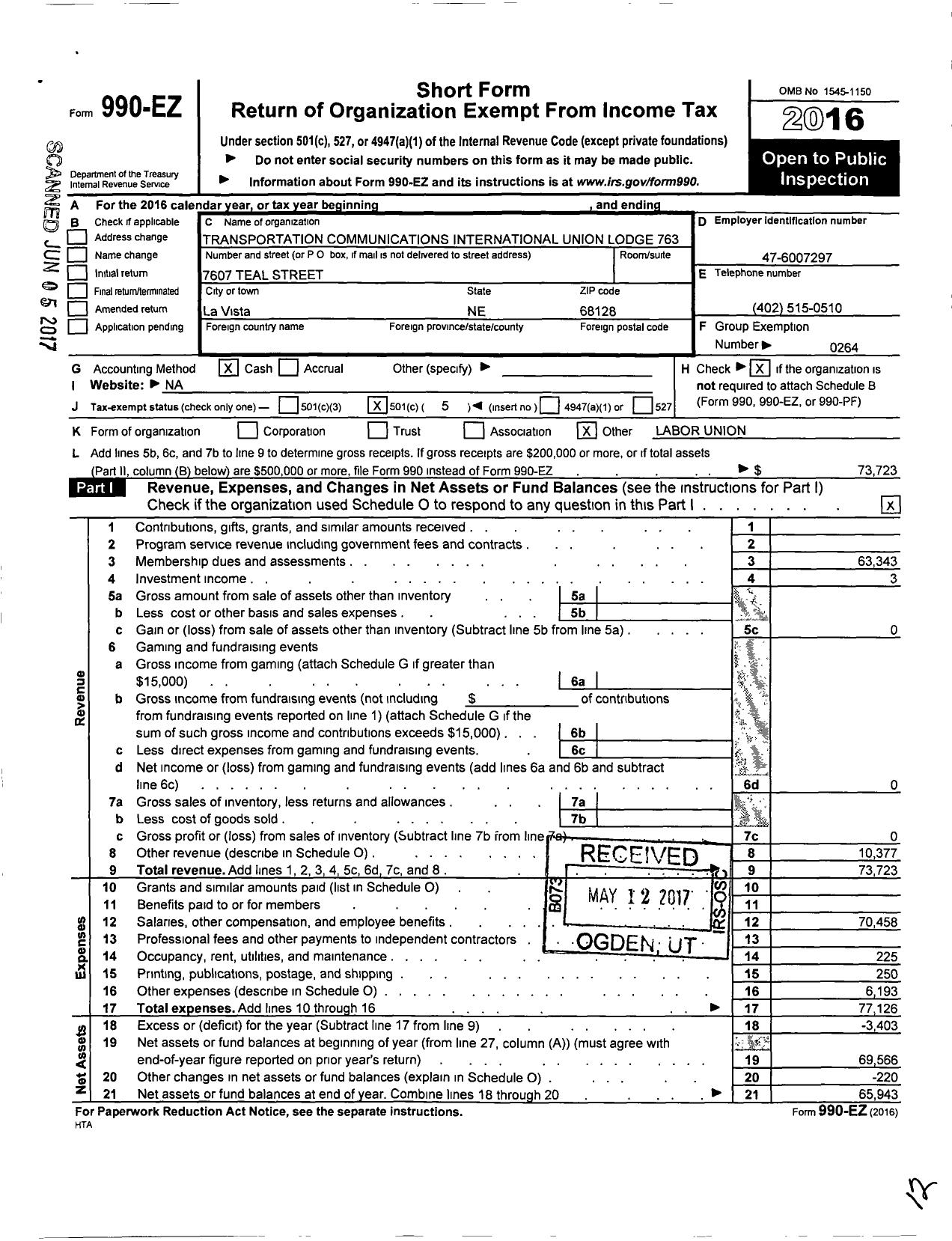 Image of first page of 2016 Form 990EO for TRANSPORTATION-COMMUNICATIONS UNION / T763 Lodge