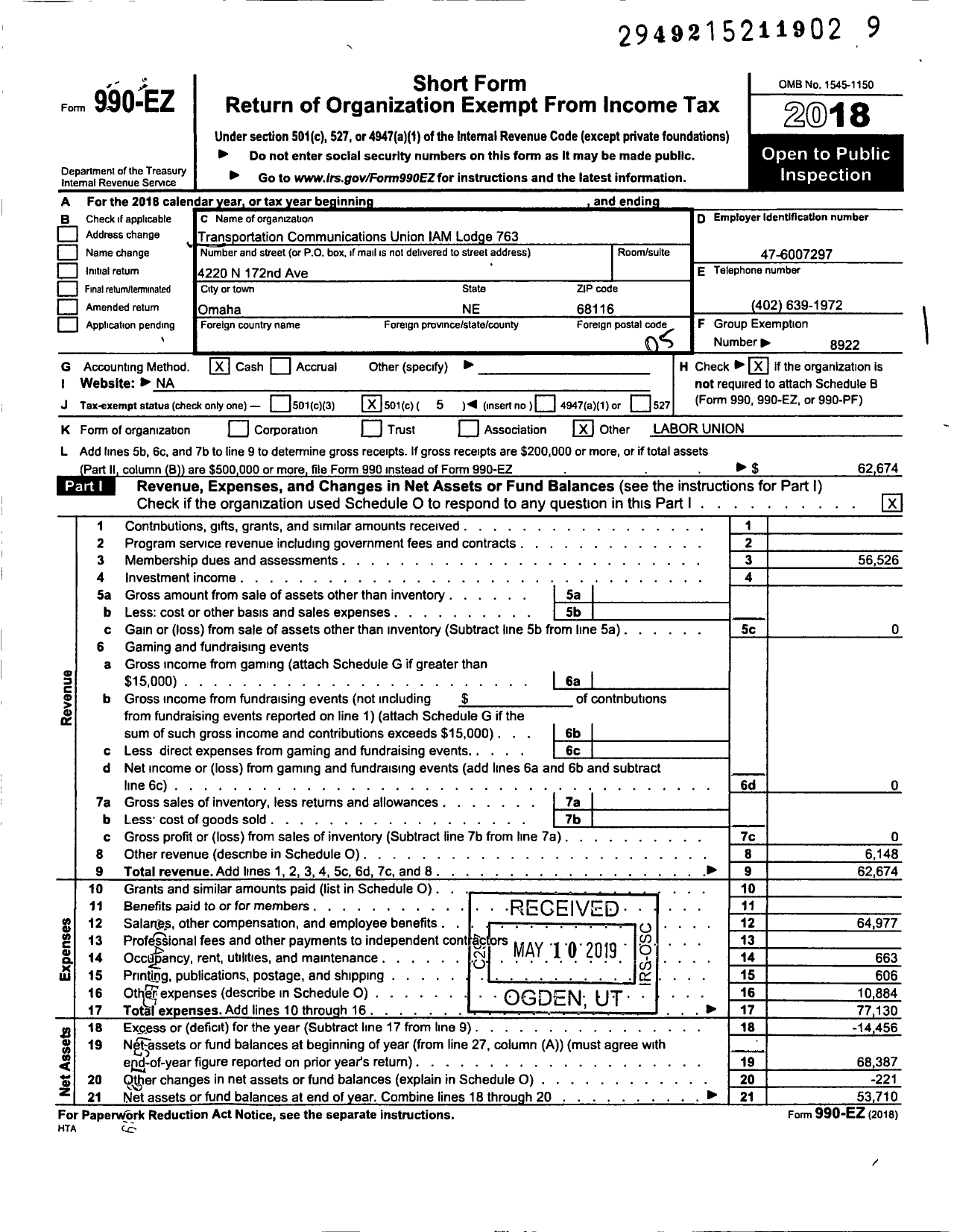 Image of first page of 2018 Form 990EO for TRANSPORTATION-COMMUNICATIONS UNION / T763 Lodge