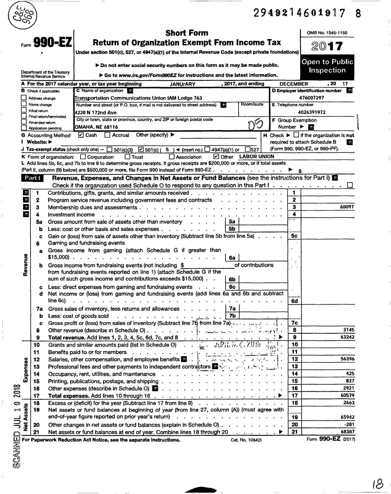 Image of first page of 2017 Form 990EO for TRANSPORTATION-COMMUNICATIONS UNION / T763 Lodge