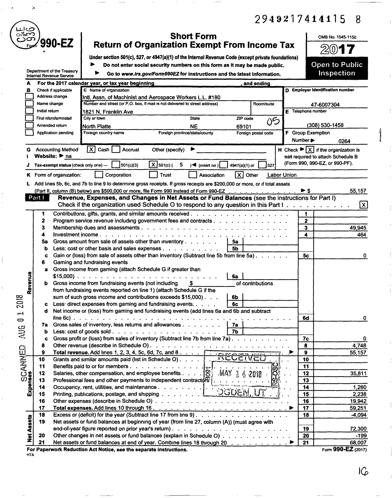 Image of first page of 2017 Form 990EO for International Association OF Machinists AND AEROSPACE WORKERS - 180