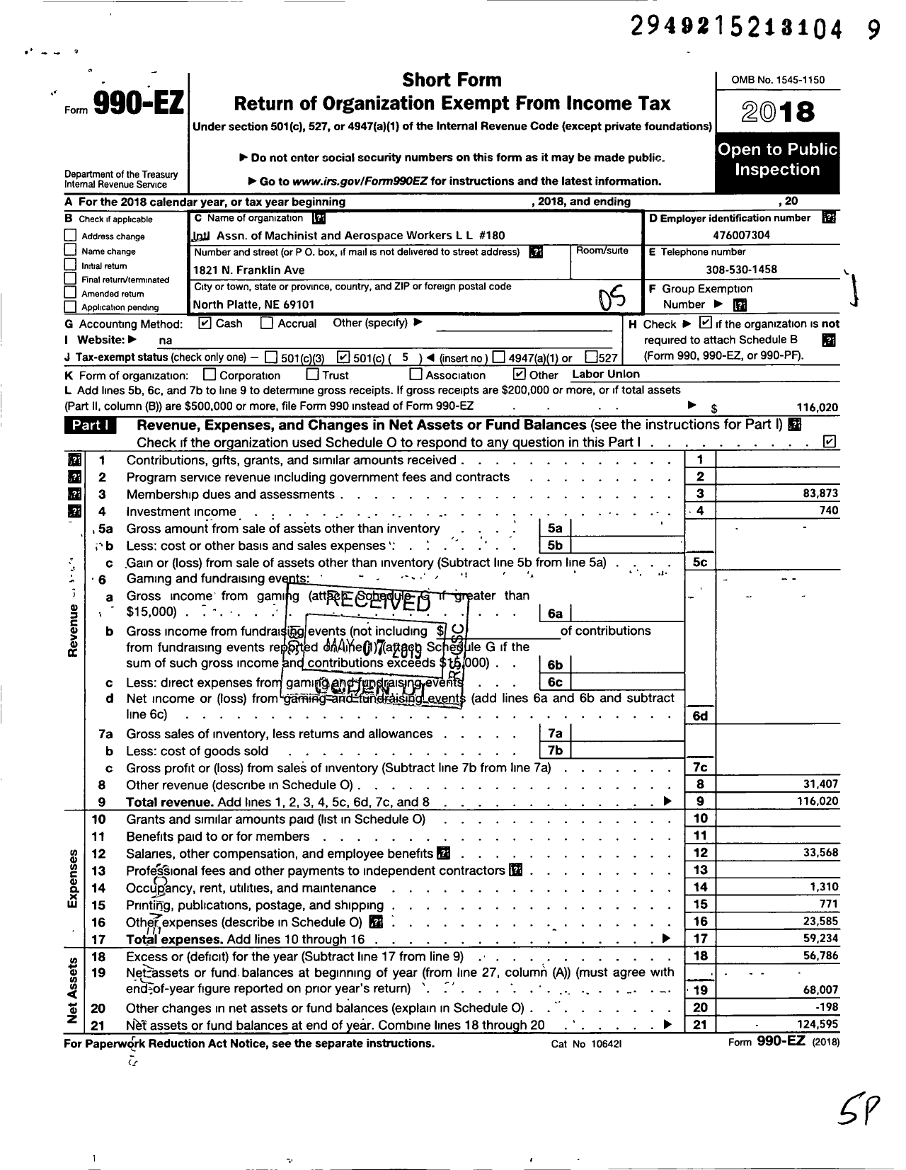 Image of first page of 2018 Form 990EO for International Association OF Machinists AND AEROSPACE WORKERS - 180