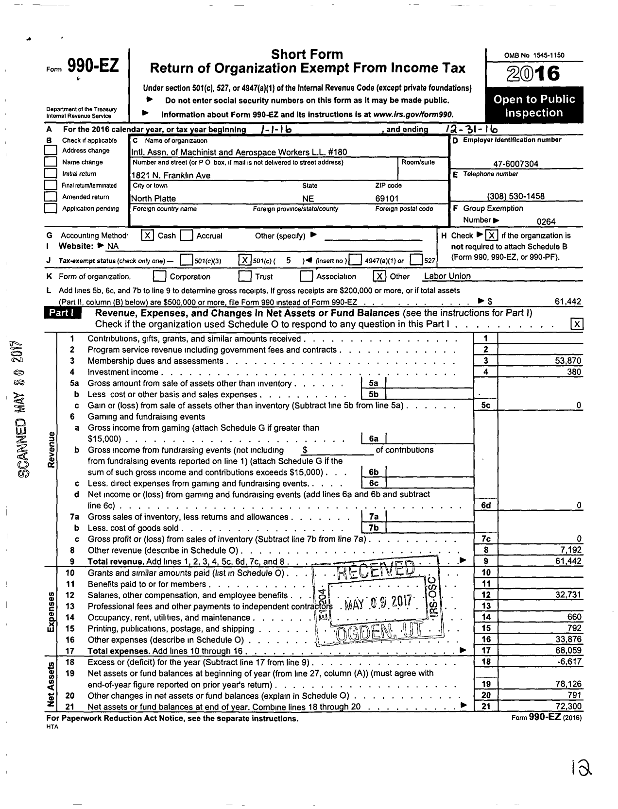 Image of first page of 2016 Form 990EO for International Association OF Machinists AND AEROSPACE WORKERS - 180