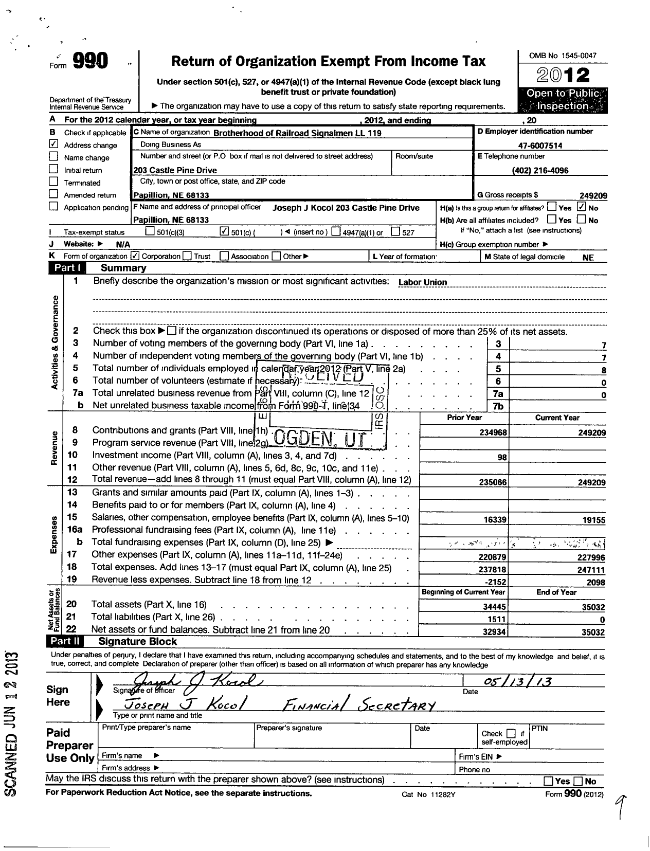 Image of first page of 2012 Form 990O for Brotherhood of Railroad Signalmen - 119 Lincoln Local