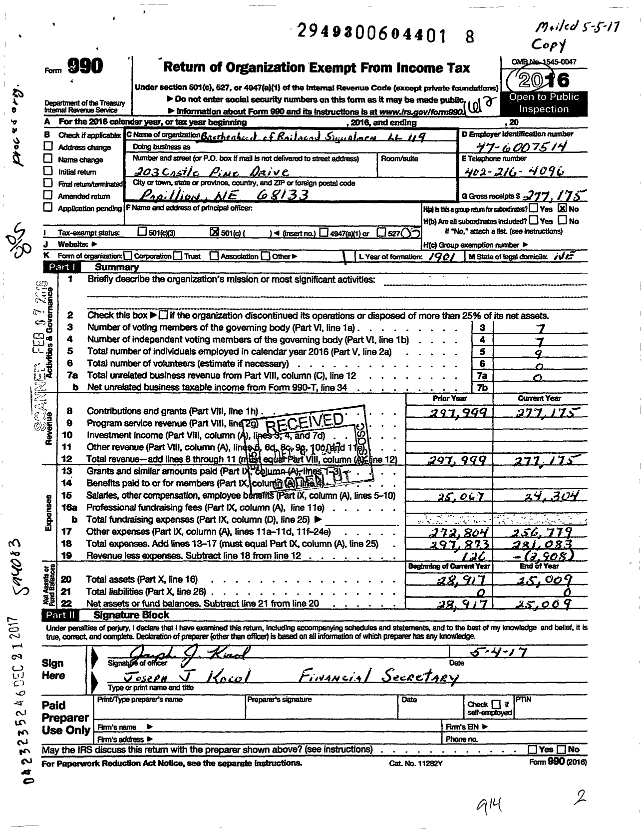 Image of first page of 2016 Form 990O for Brotherhood of Railroad Signalmen - 119 Lincoln Local