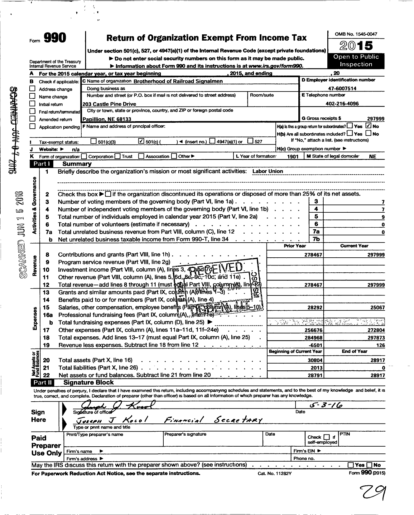 Image of first page of 2015 Form 990O for Brotherhood of Railroad Signalmen - 119 Lincoln Local