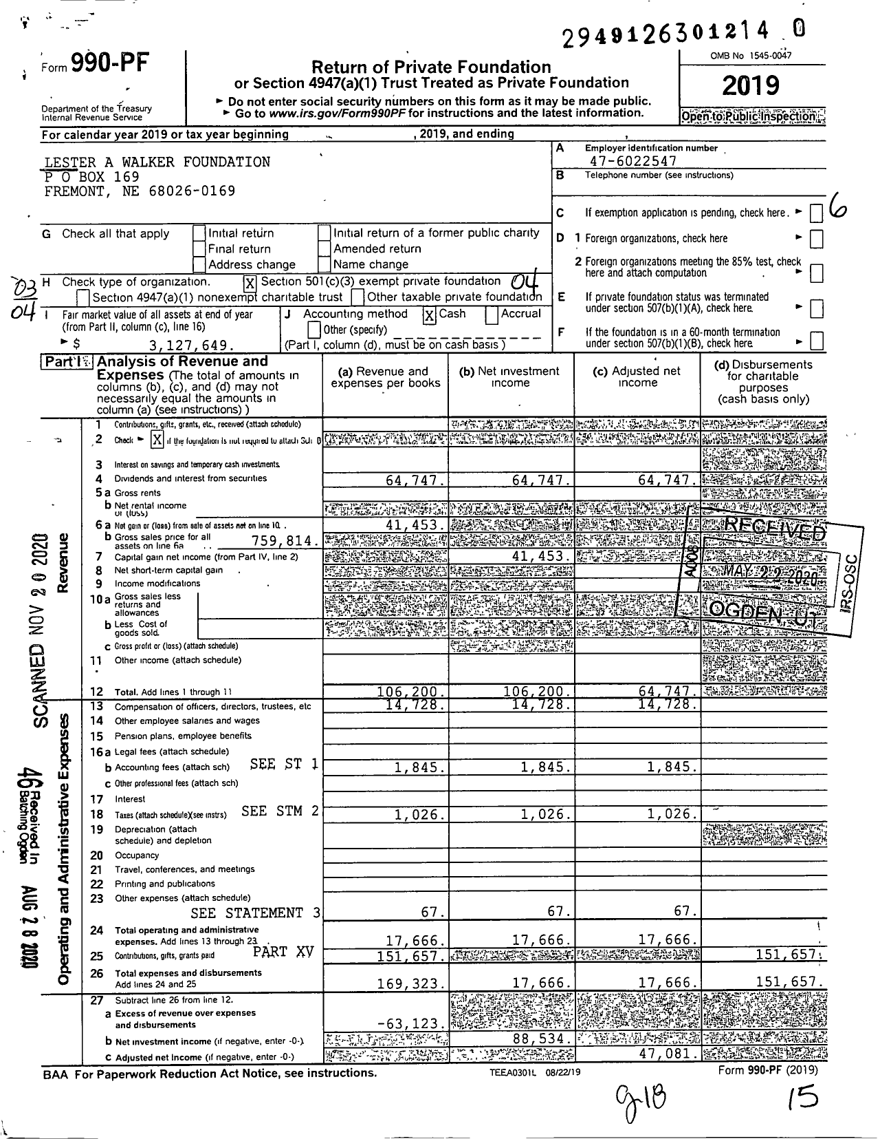 Image of first page of 2019 Form 990PF for Lester A Walker Foundation