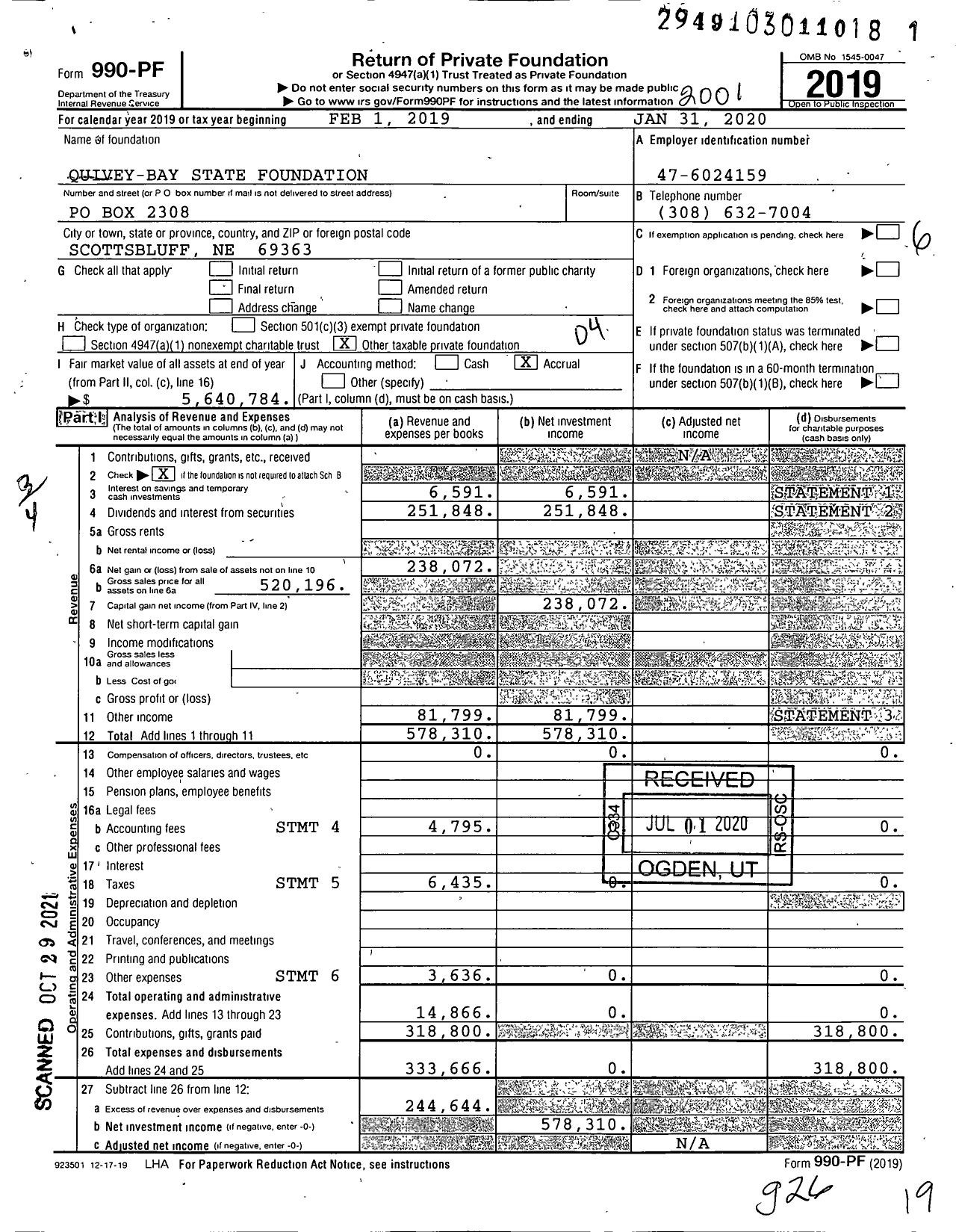 Image of first page of 2019 Form 990PF for Quivey-Bay State Foundation