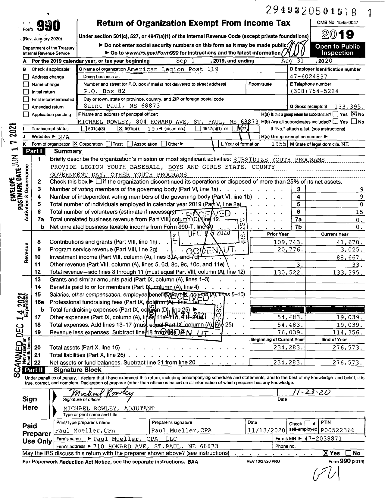 Image of first page of 2019 Form 990O for American Legion - 0119 Carl Mogensen