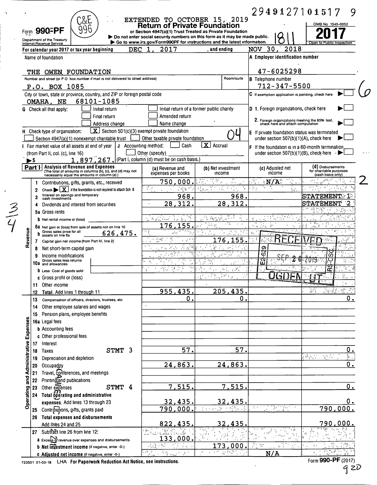 Image of first page of 2017 Form 990PF for The Owen Foundation