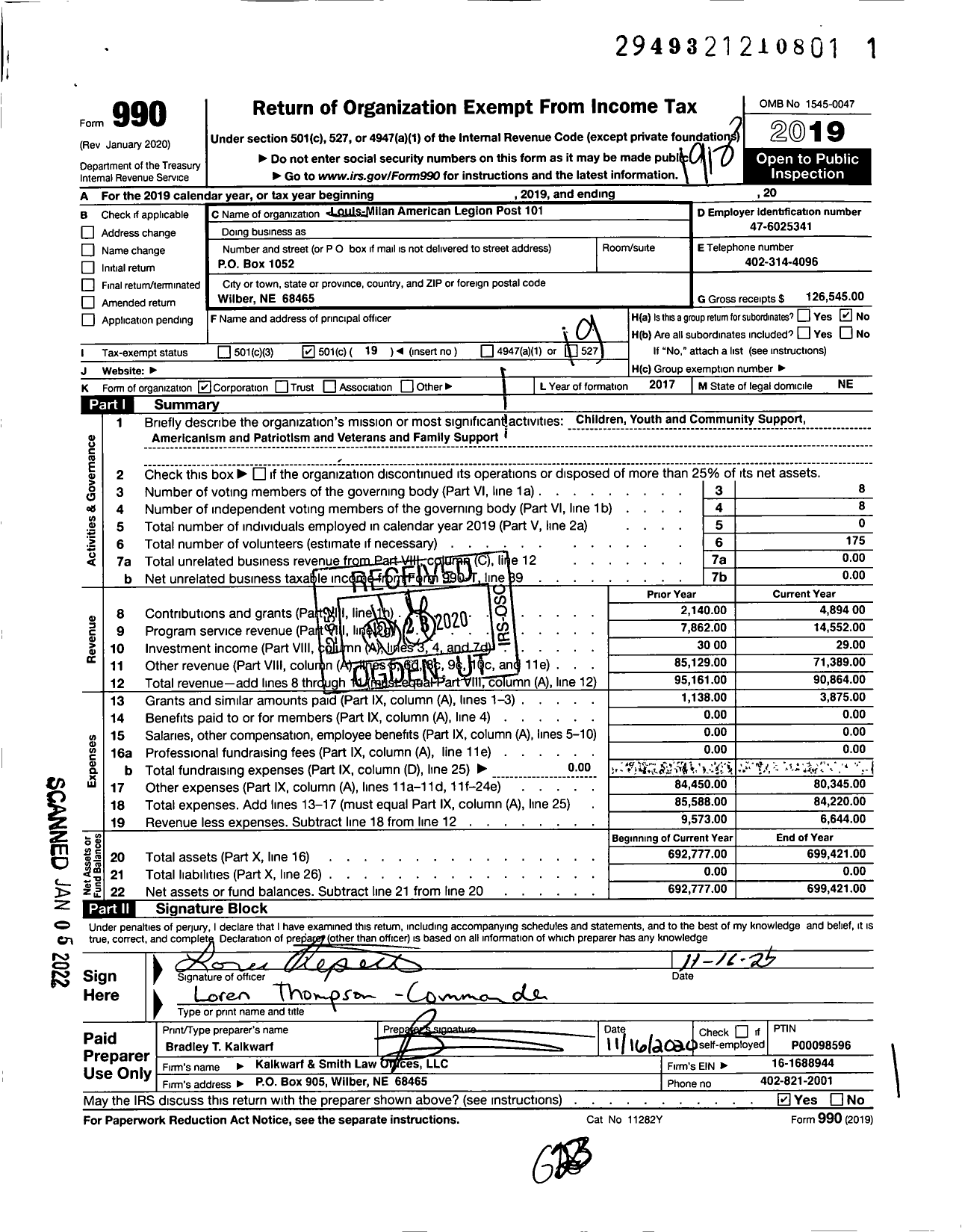 Image of first page of 2019 Form 990O for Louis-Milan American Legion Post 101