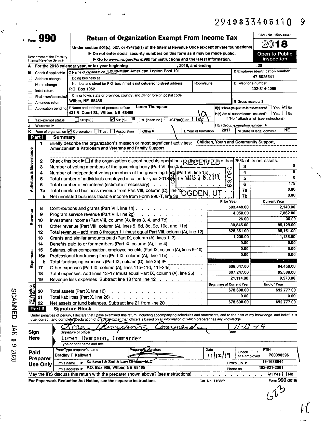 Image of first page of 2018 Form 990O for Louis-Milan American Legion Post 101