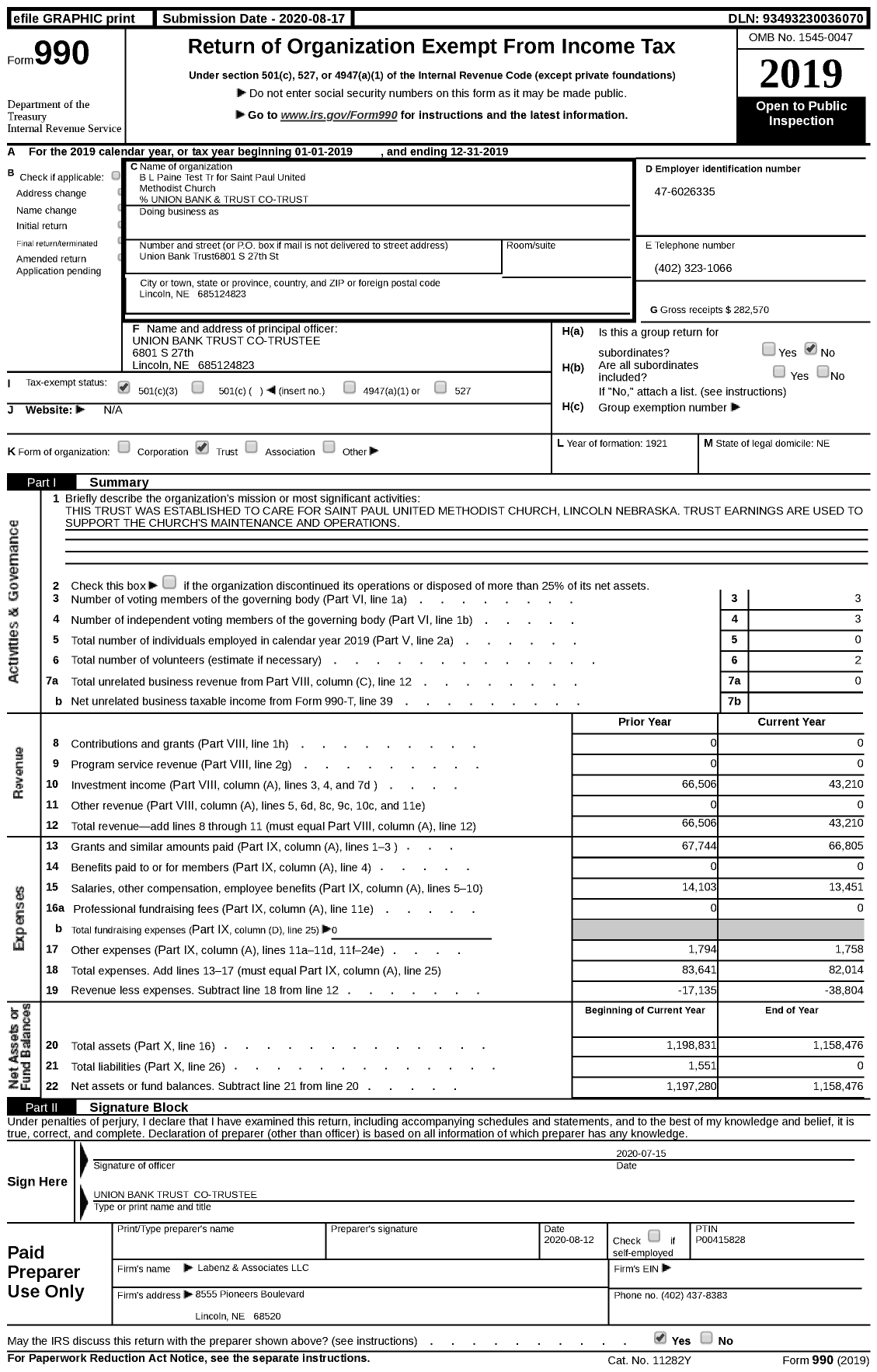 Image of first page of 2019 Form 990 for B L Paine Test Tr for Saint Paul United Methodist Church