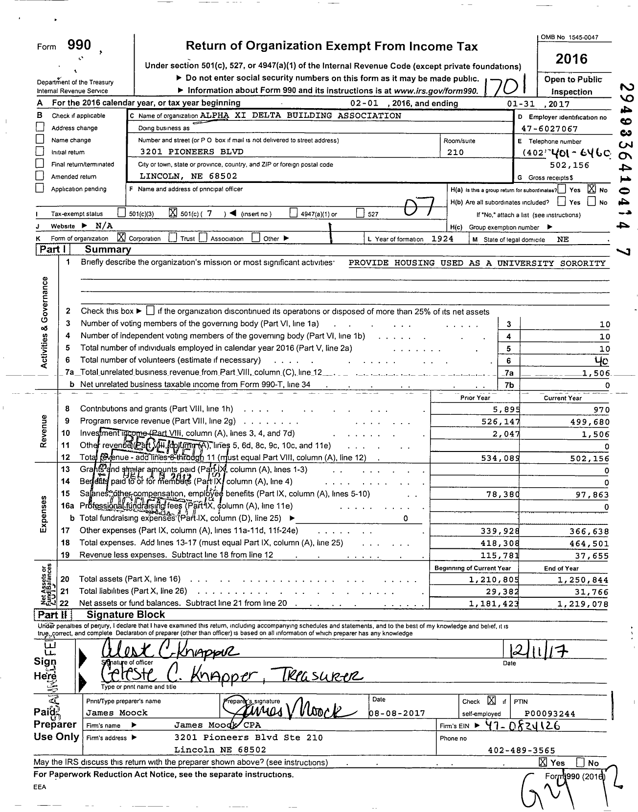 Image of first page of 2016 Form 990O for Alpha Xi Delta Building Association