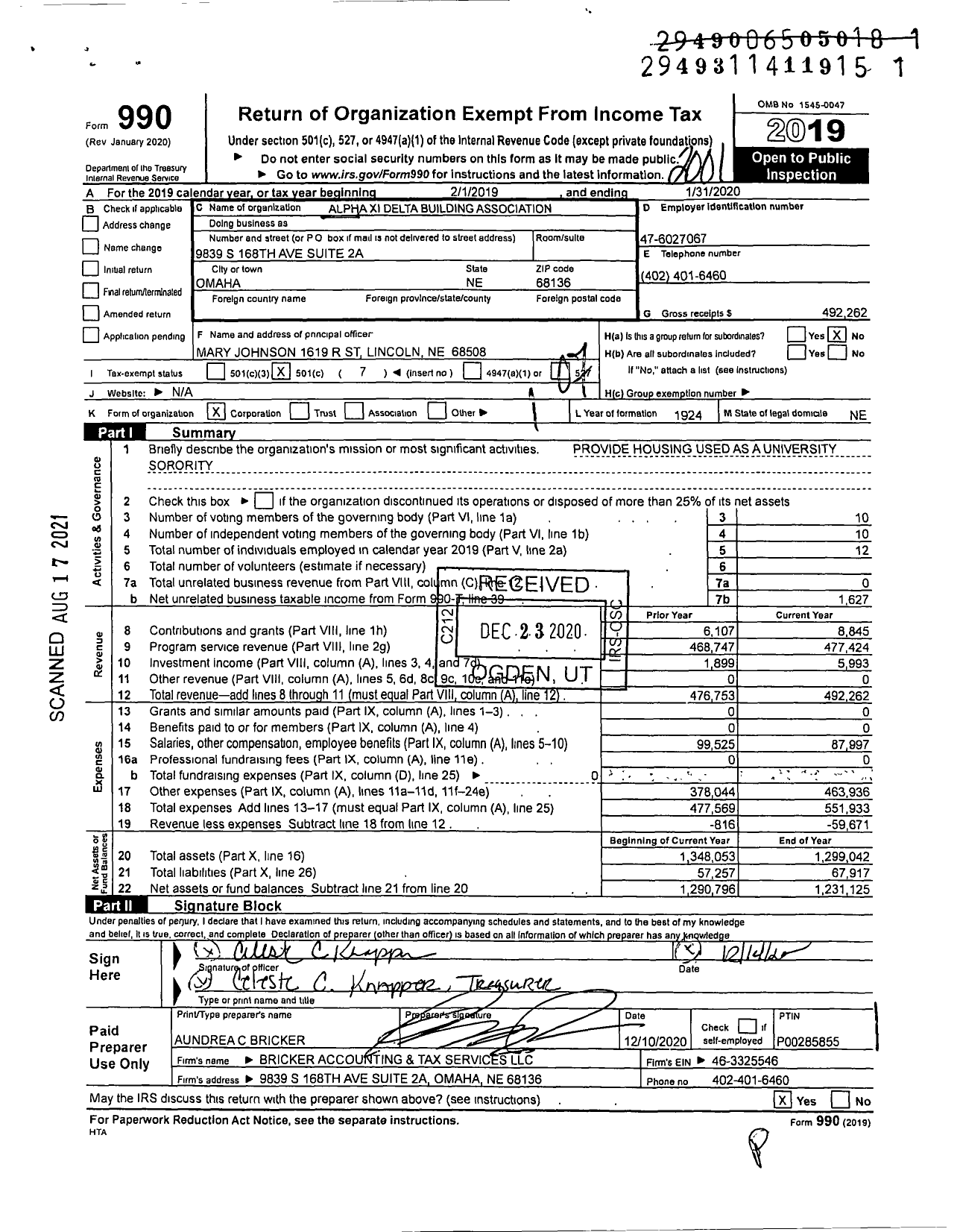 Image of first page of 2019 Form 990O for Alpha Xi Delta Building Association