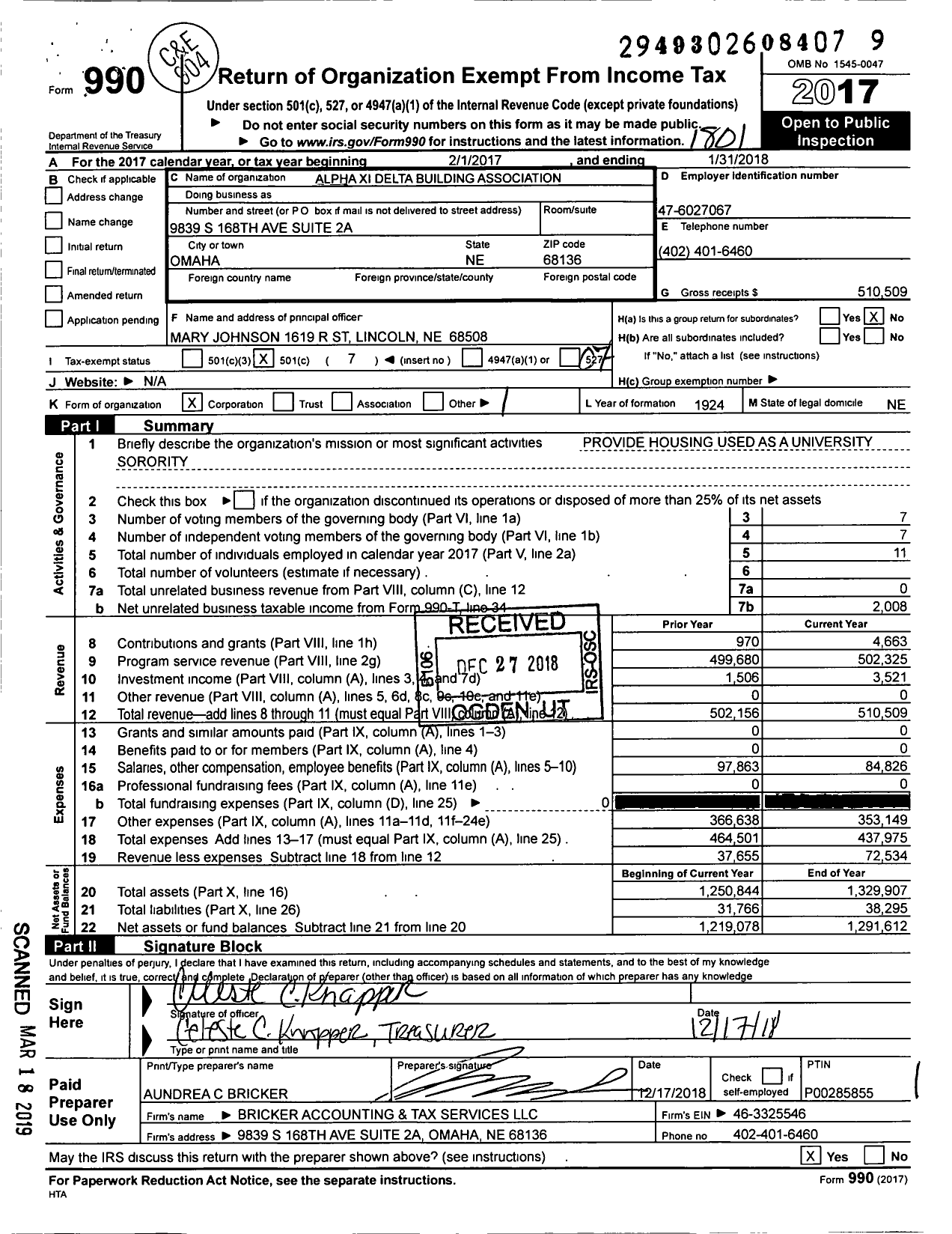 Image of first page of 2017 Form 990O for Alpha Xi Delta Building Association