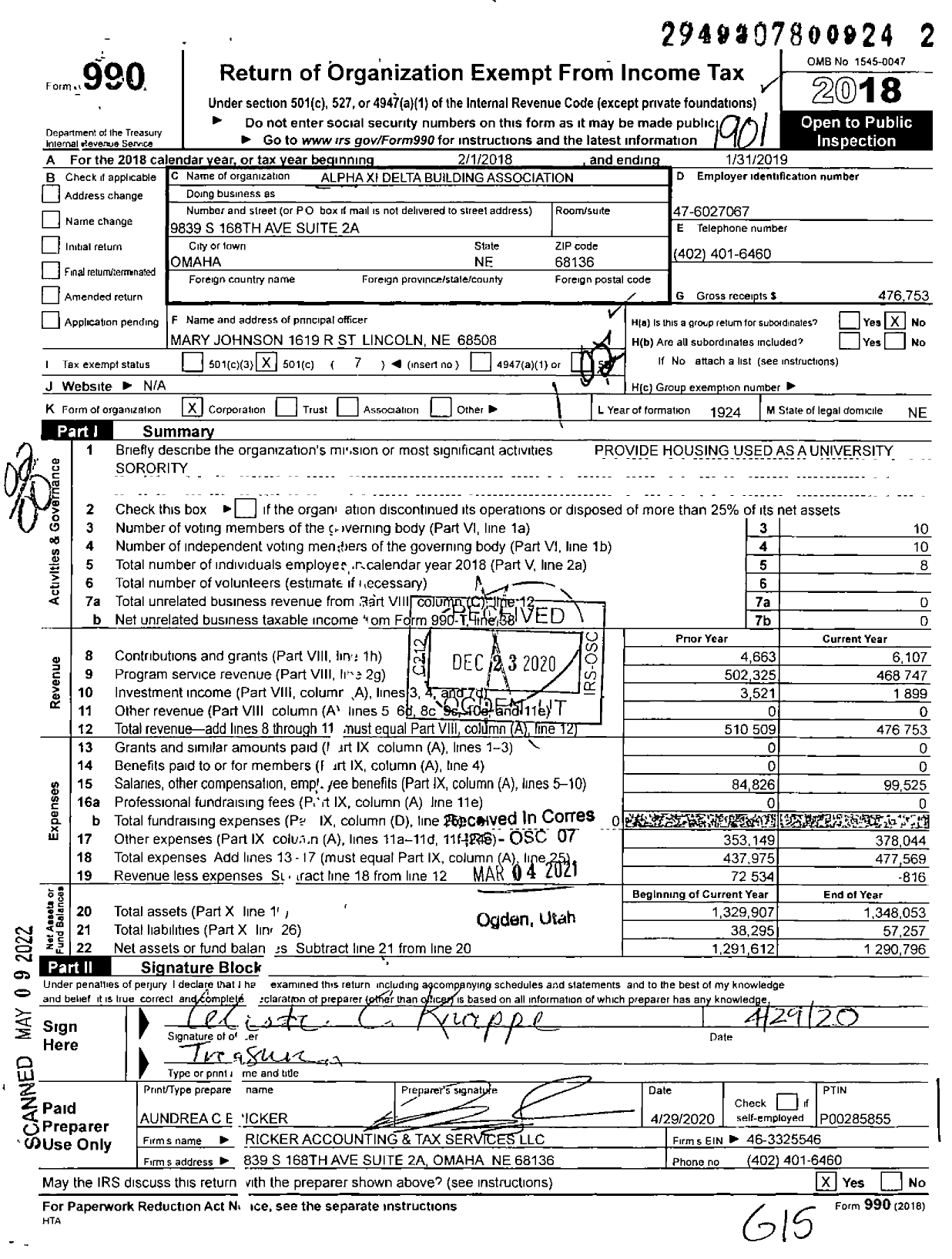 Image of first page of 2018 Form 990O for Alpha Xi Delta Building Association