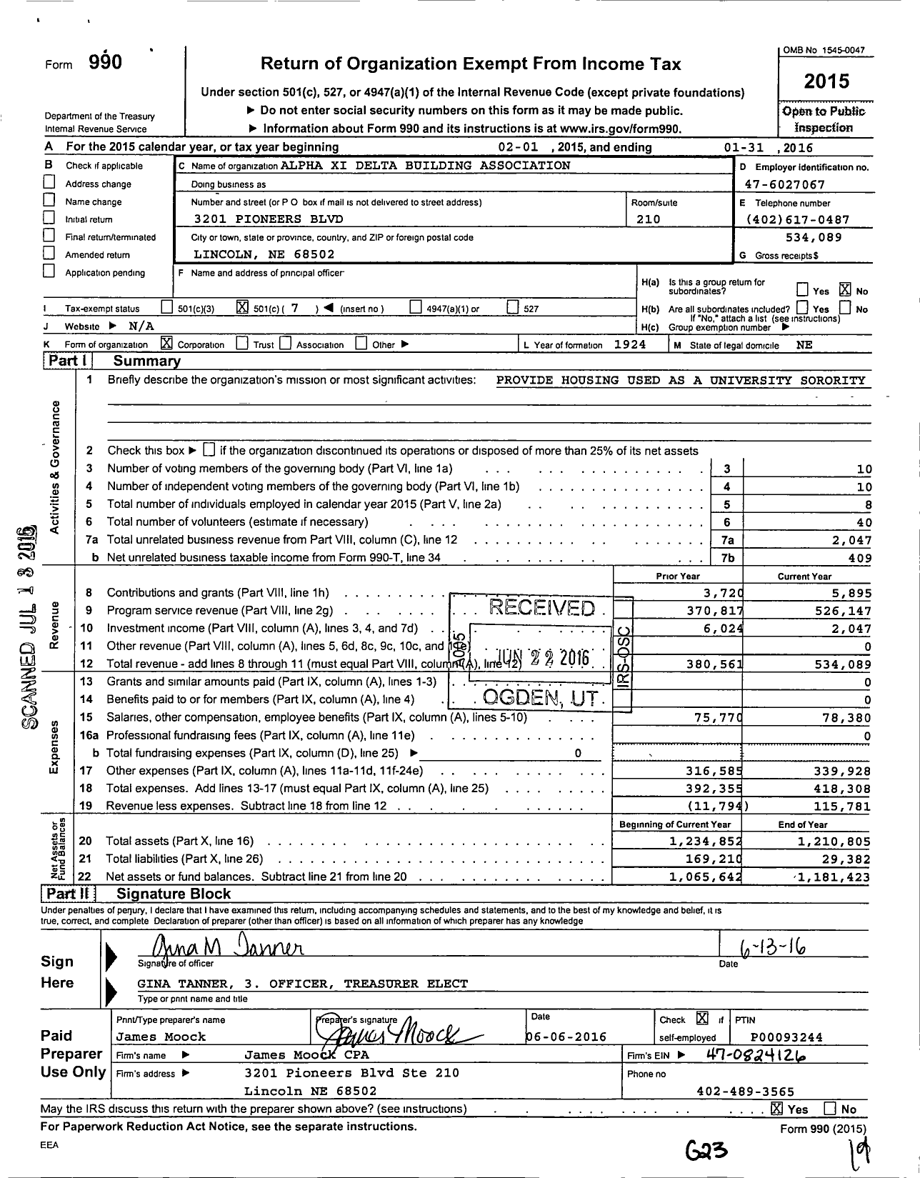 Image of first page of 2015 Form 990O for Alpha Xi Delta Building Association