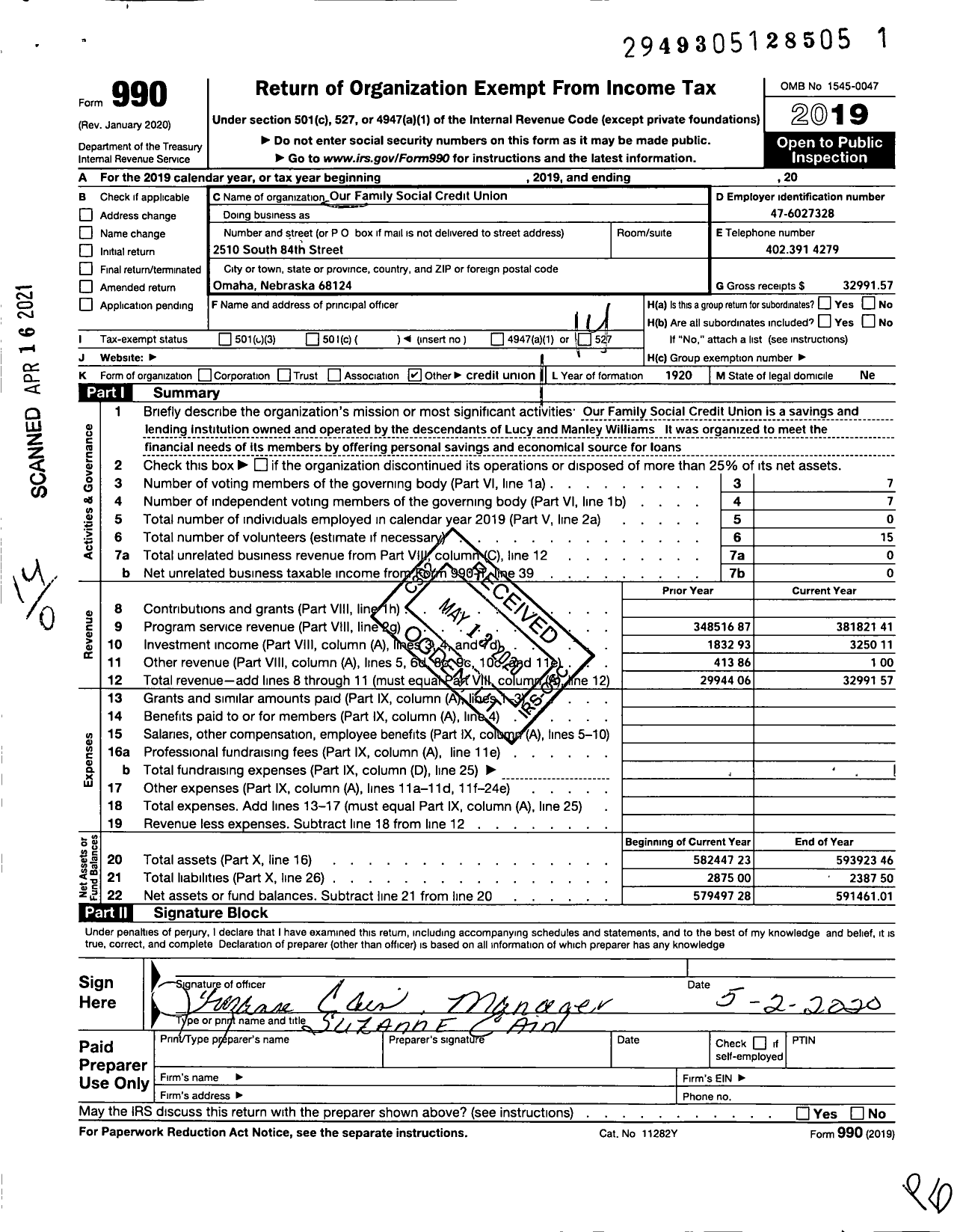 Image of first page of 2019 Form 990O for Our Family Social Credit Union