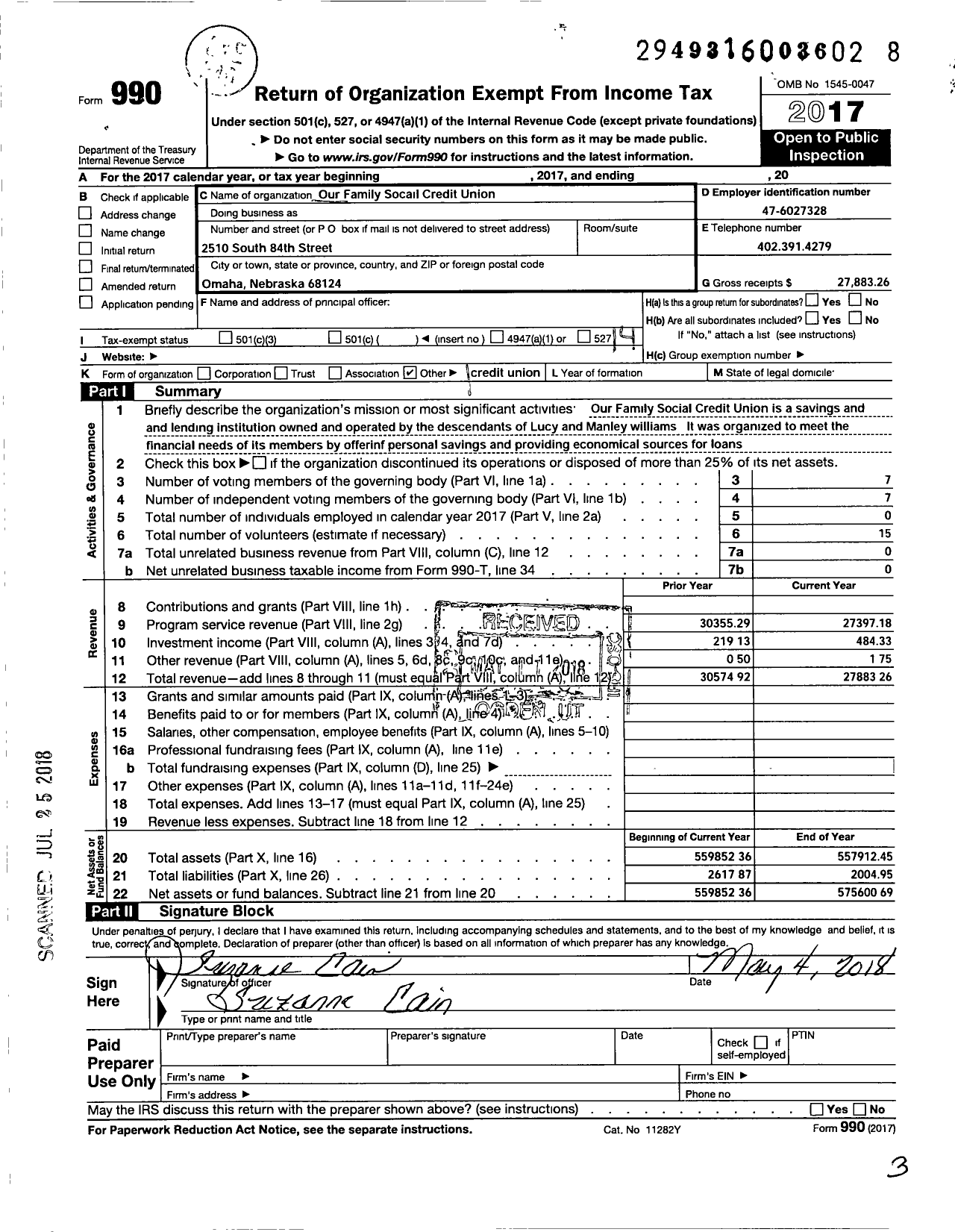 Image of first page of 2017 Form 990O for Our Family Social Credit Union