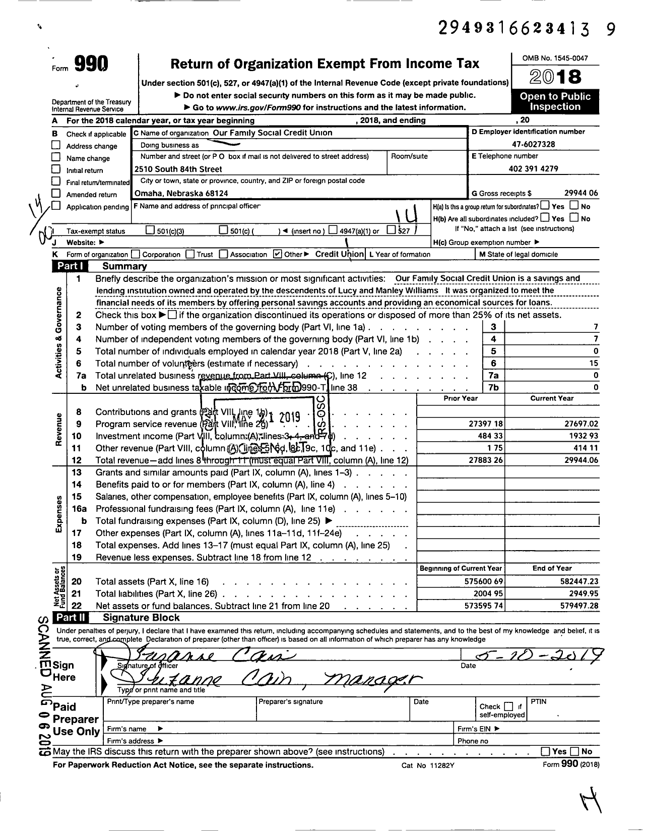 Image of first page of 2018 Form 990O for Our Family Social Credit Union