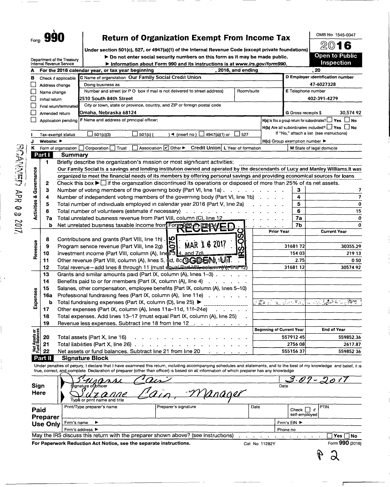 Image of first page of 2016 Form 990O for Our Family Social Credit Union