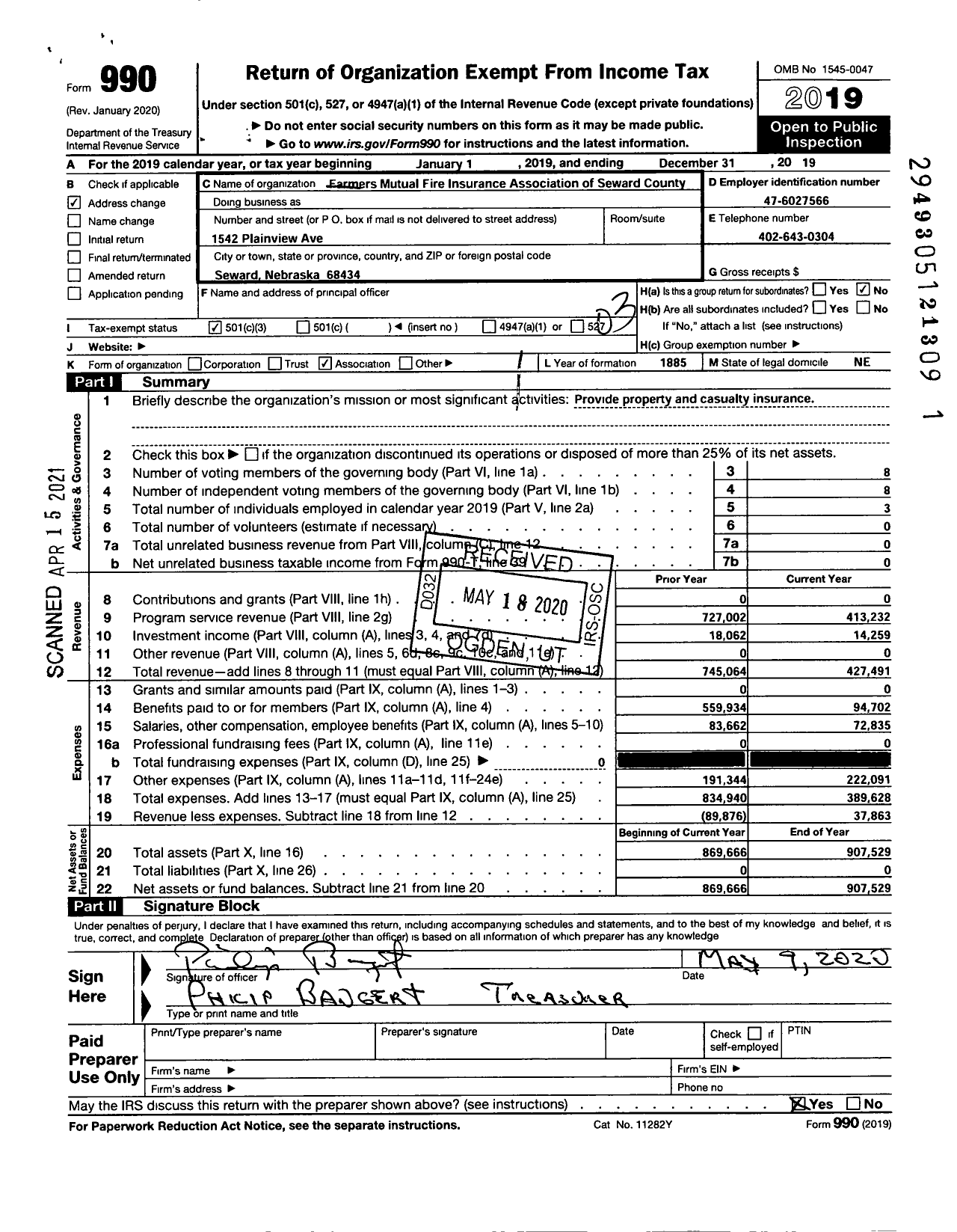 Image of first page of 2019 Form 990 for Farmers Mutual Fire Insurance Association of Seward County