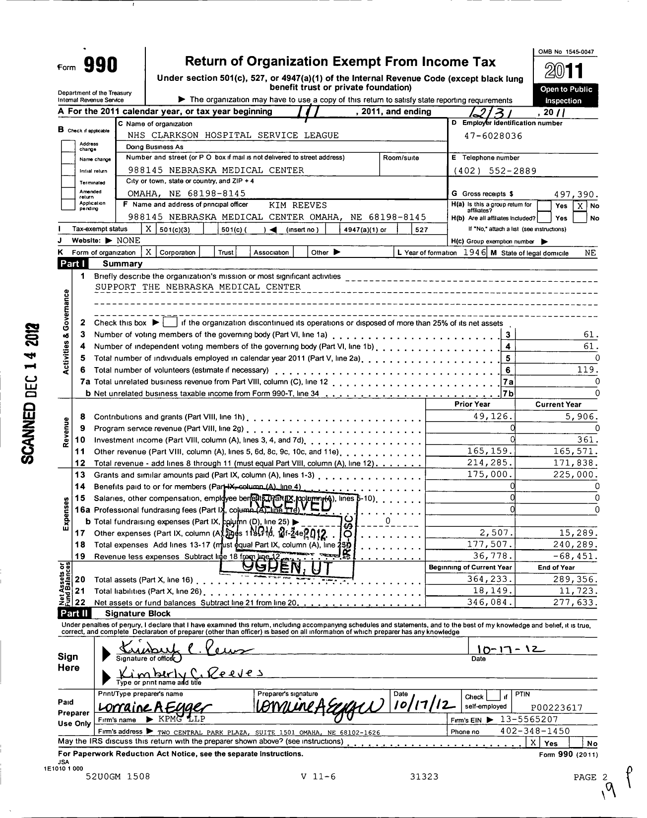 Image of first page of 2011 Form 990 for NHS Clarkson Hospital Services League
