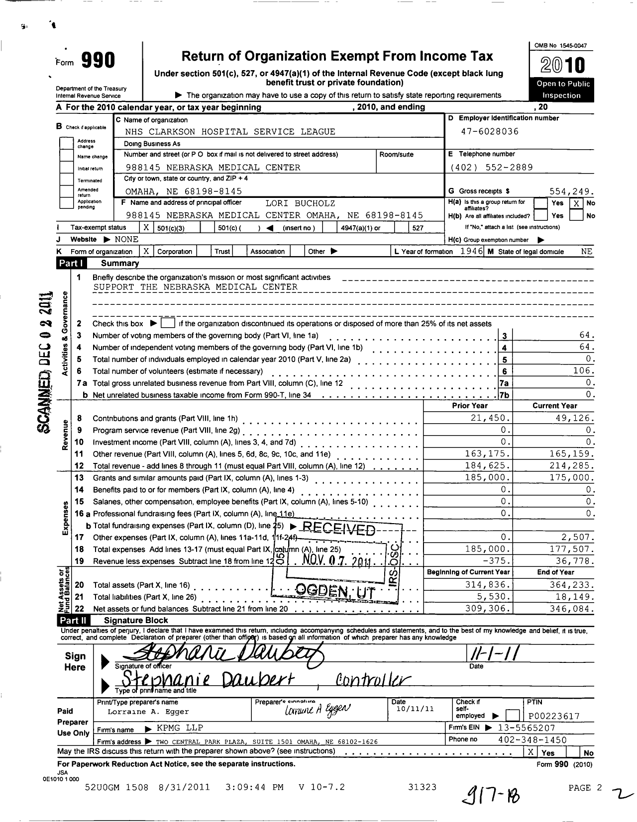 Image of first page of 2010 Form 990 for NHS Clarkson Hospital Services League
